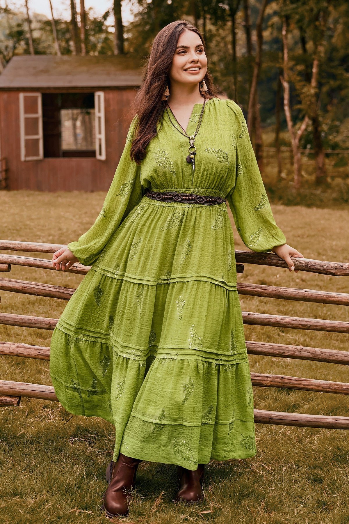 Ritera Sequin Embroidery Leaves Smocked Waist Tiered Midi Dress