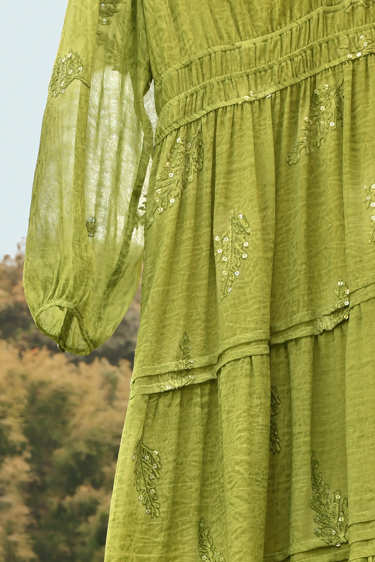 Ritera Sequin Embroidery Leaves Smocked Waist Tiered Midi Dress