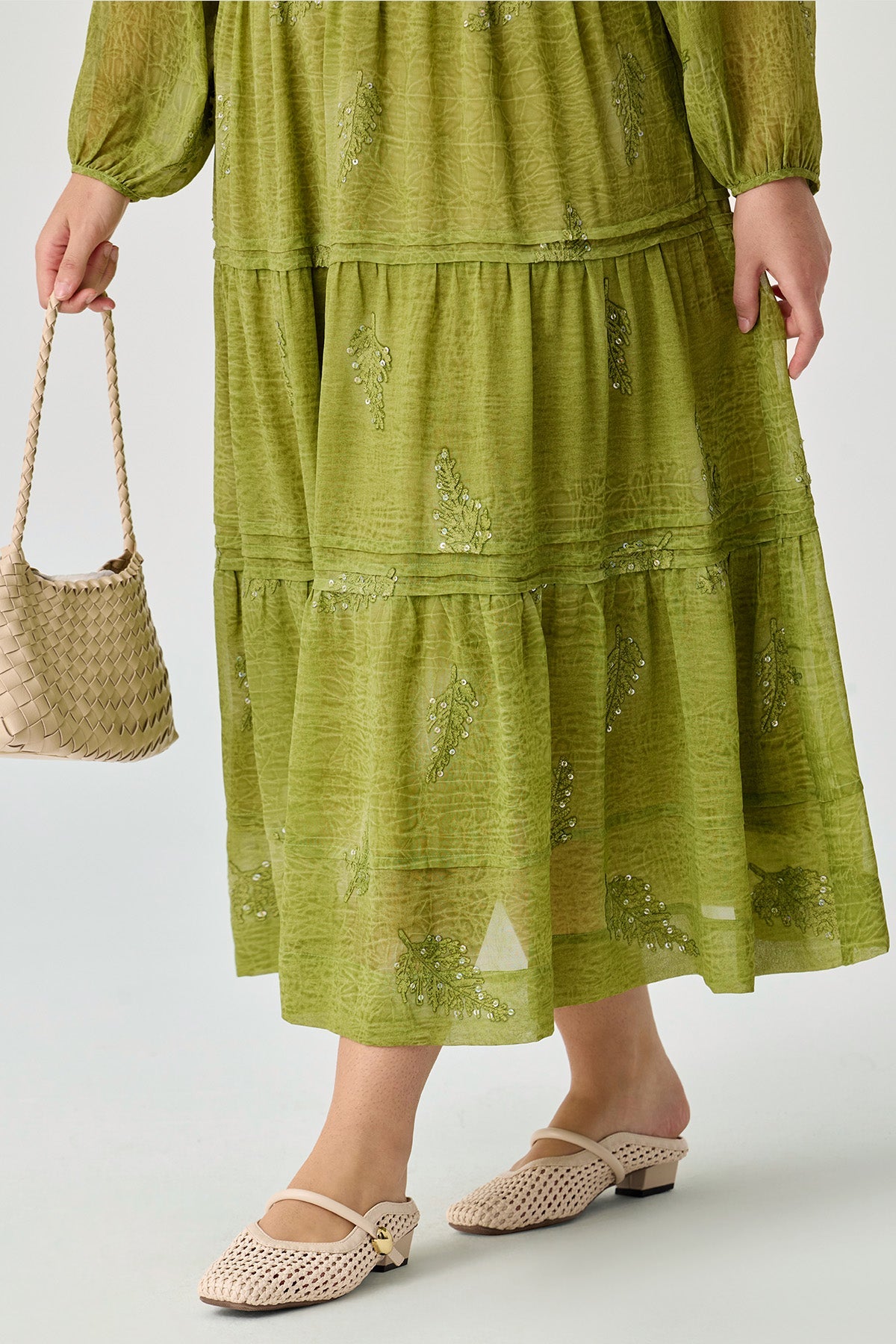 Ritera Sequin Embroidery Leaves Smocked Waist Tiered Midi Dress