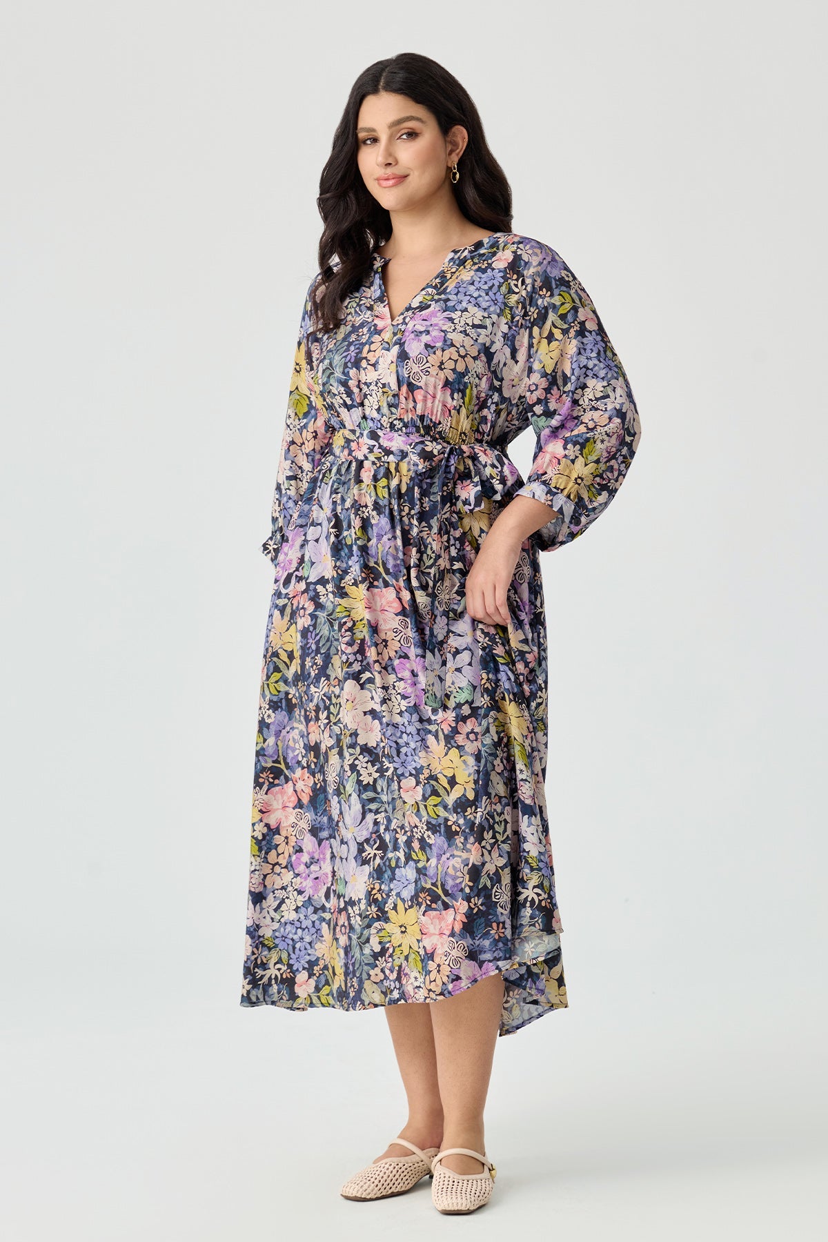 Ritera Pockets Elegant Floral Wrap Midi Dress with Belt