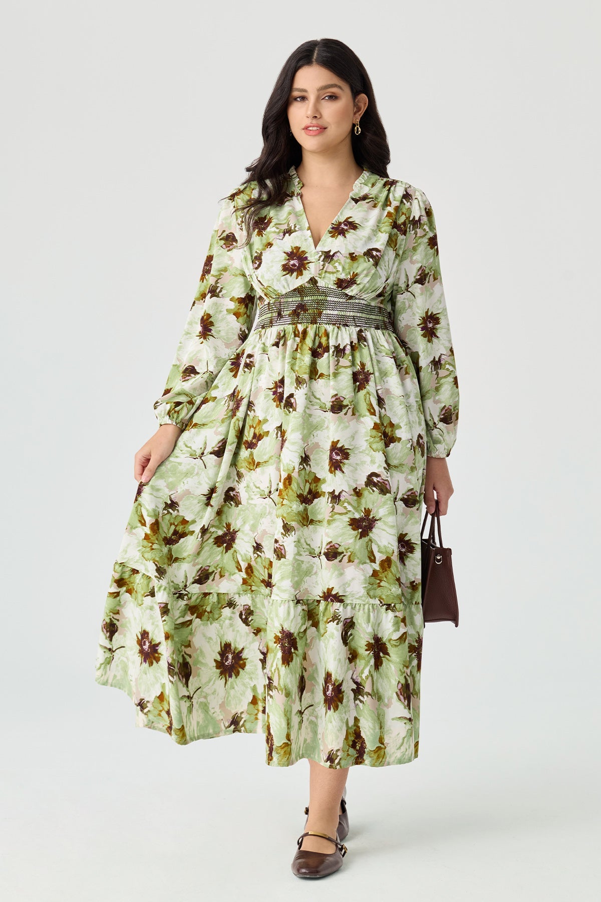 Ritera Pocket Boho Floral Smocked Waist Print Midi Dress