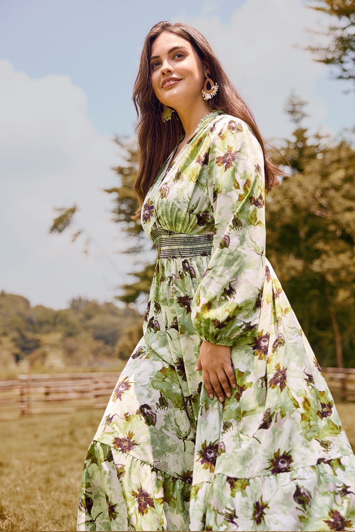 Ritera Pocket Boho Floral Smocked Waist Print Midi Dress