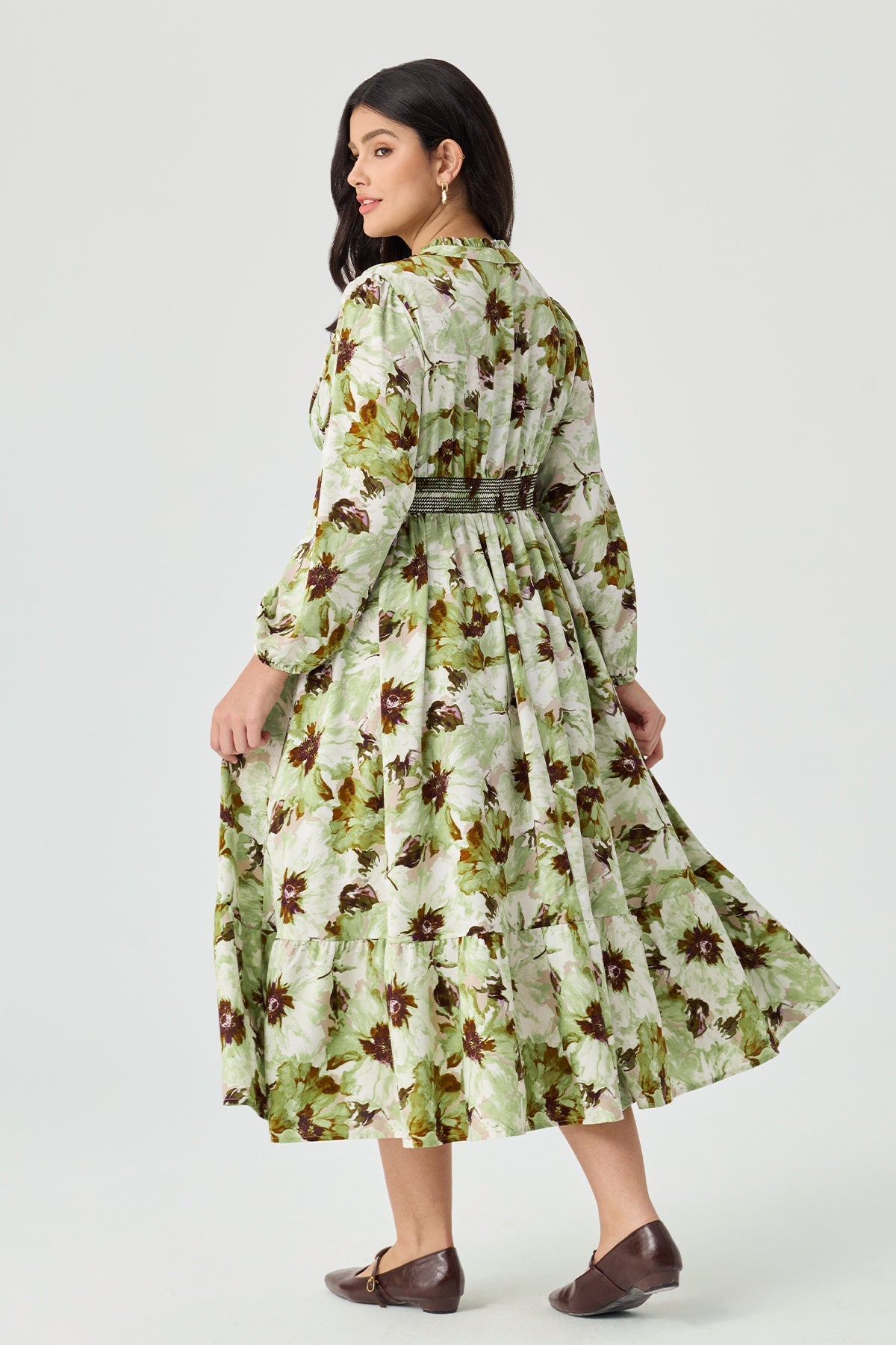 Ritera Pocket Boho Floral Smocked Waist Print Midi Dress