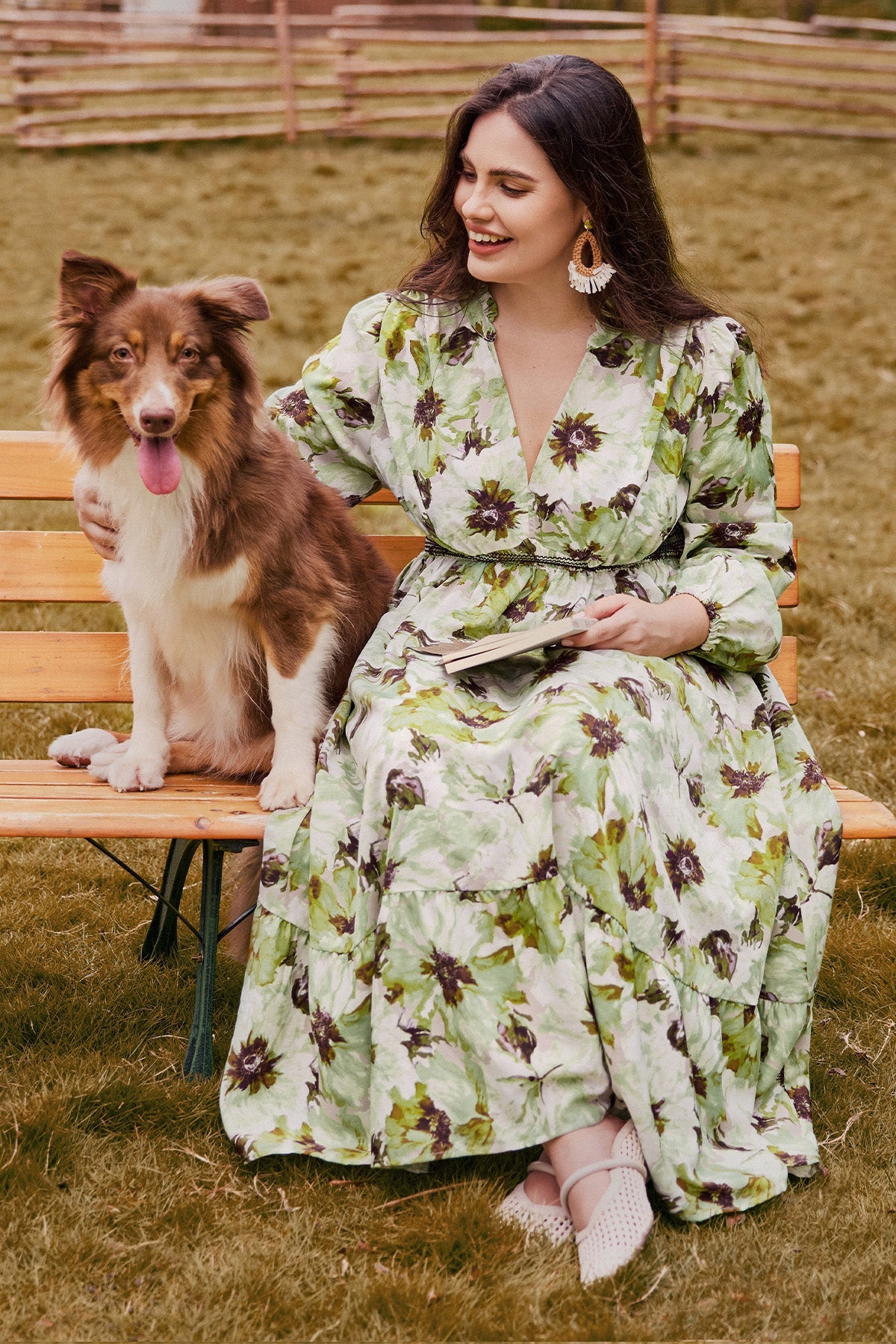 Ritera Pocket Boho Floral Smocked Waist Print Midi Dress