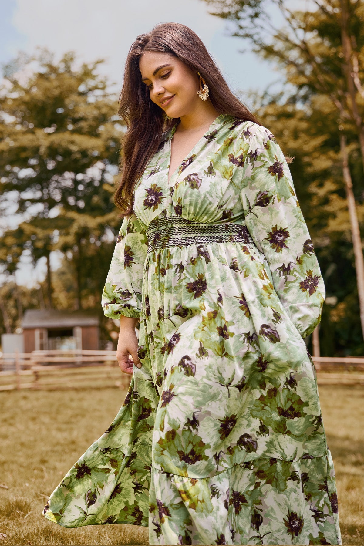 Ritera Pocket Boho Floral Smocked Waist Print Midi Dress