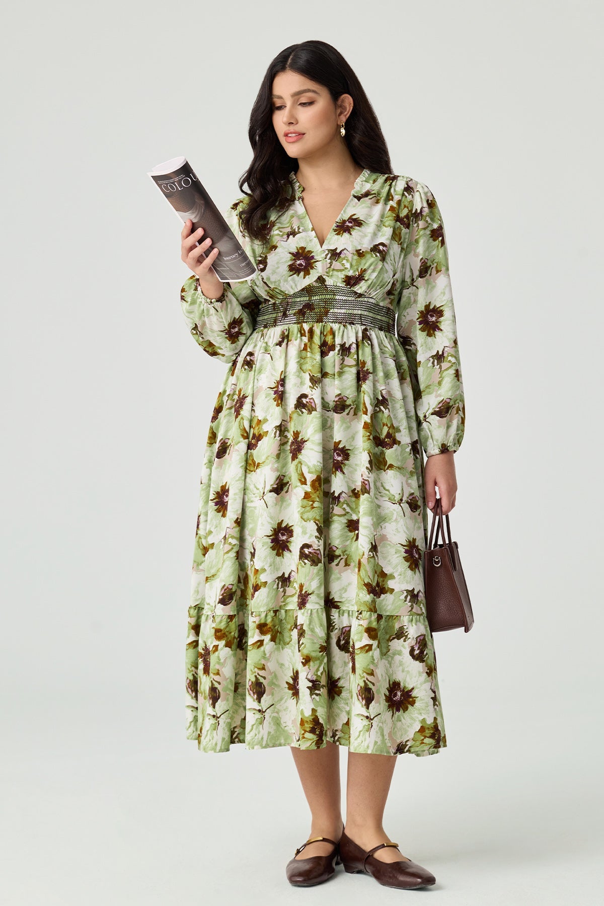 Ritera Pocket Boho Floral Smocked Waist Print Midi Dress