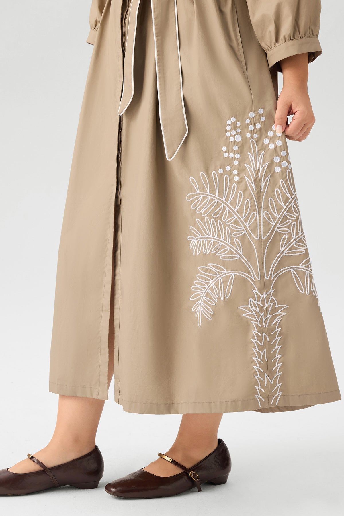 Embroidered Cotton Belted V-neck Maxi Dress