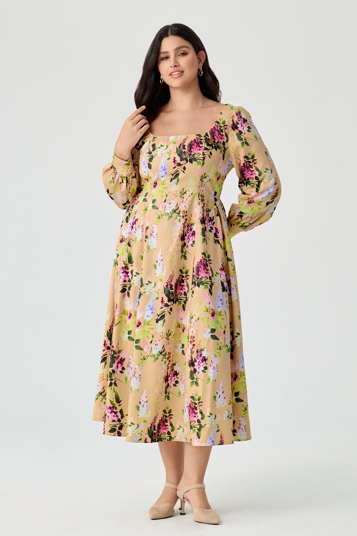 Ritera Elegant Wisteria Floral Smocked Back A-Line Midi Dress