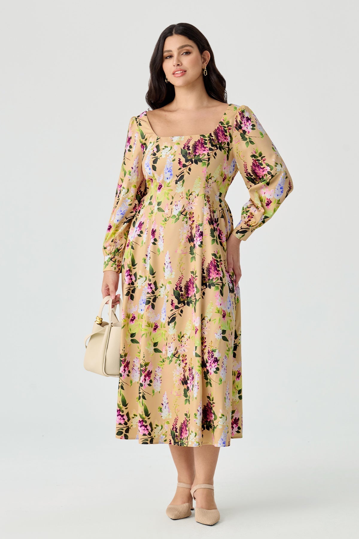 Ritera Elegant Wisteria Floral Smocked Back A-Line Midi Dress