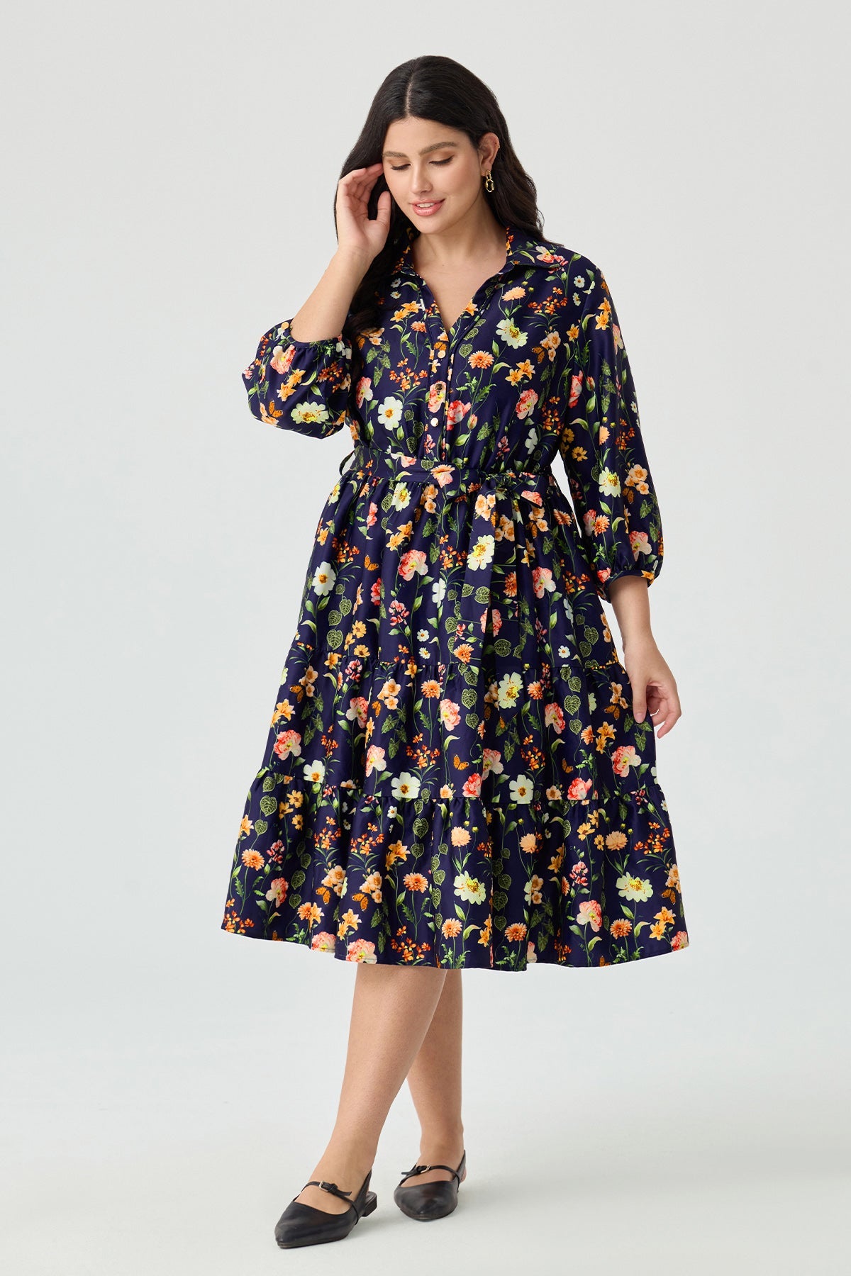 Ritera Pockets Floral Print Tiered A-Line Midi Shirt Dress with Belt