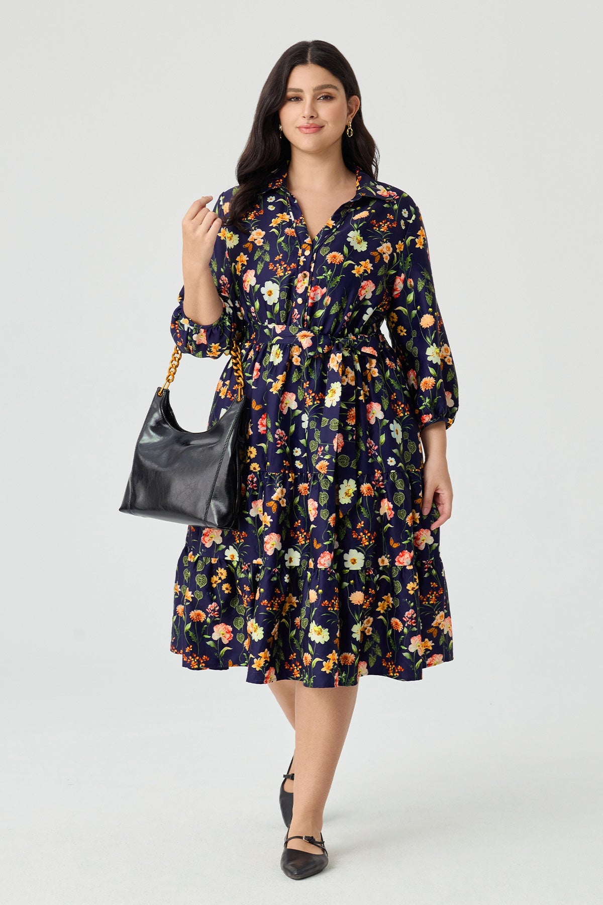 Ritera Pockets Floral Print Tiered A-Line Midi Shirt Dress with Belt