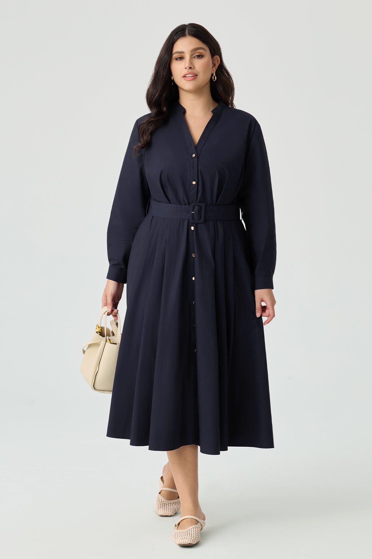 Ritera Pockets Navy Blue Pleated Midi Shirt Dress with Belt