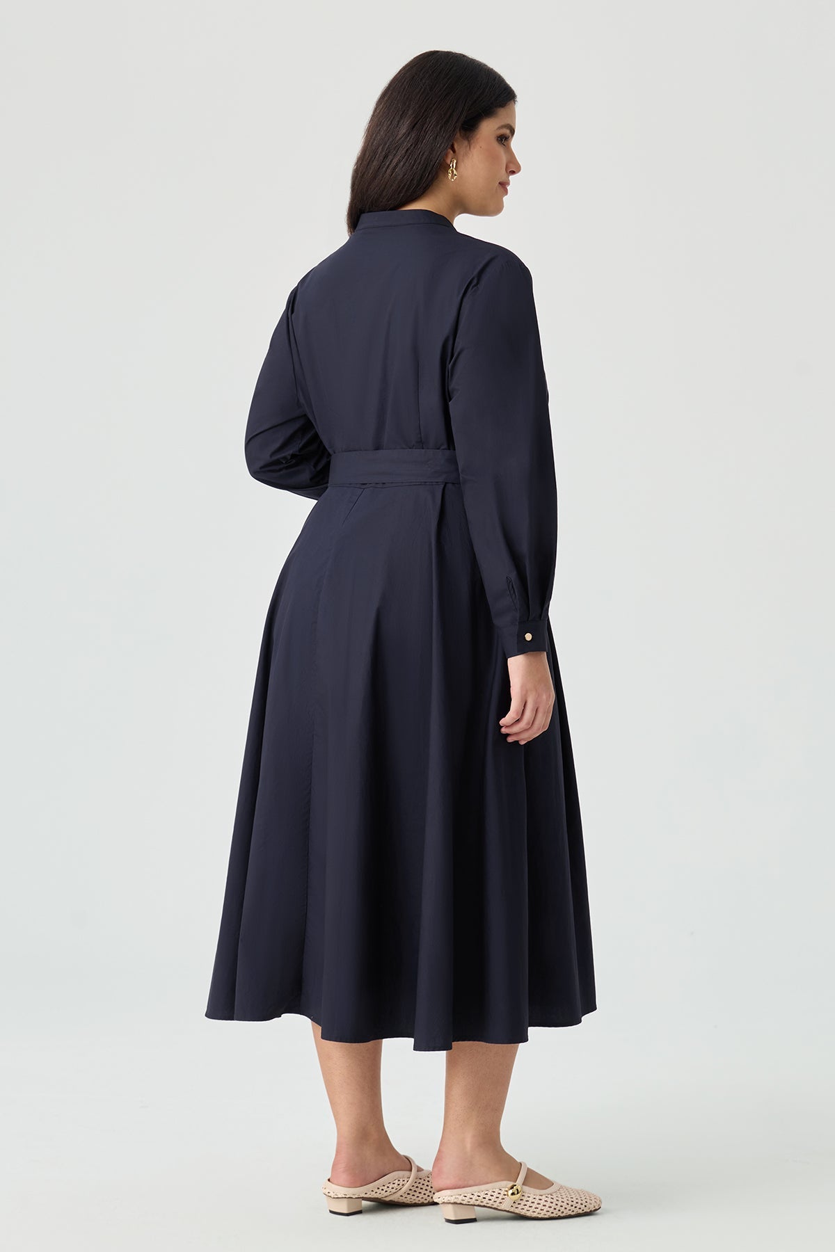 Ritera Pockets Navy Blue Pleated Midi Shirt Dress with Belt
