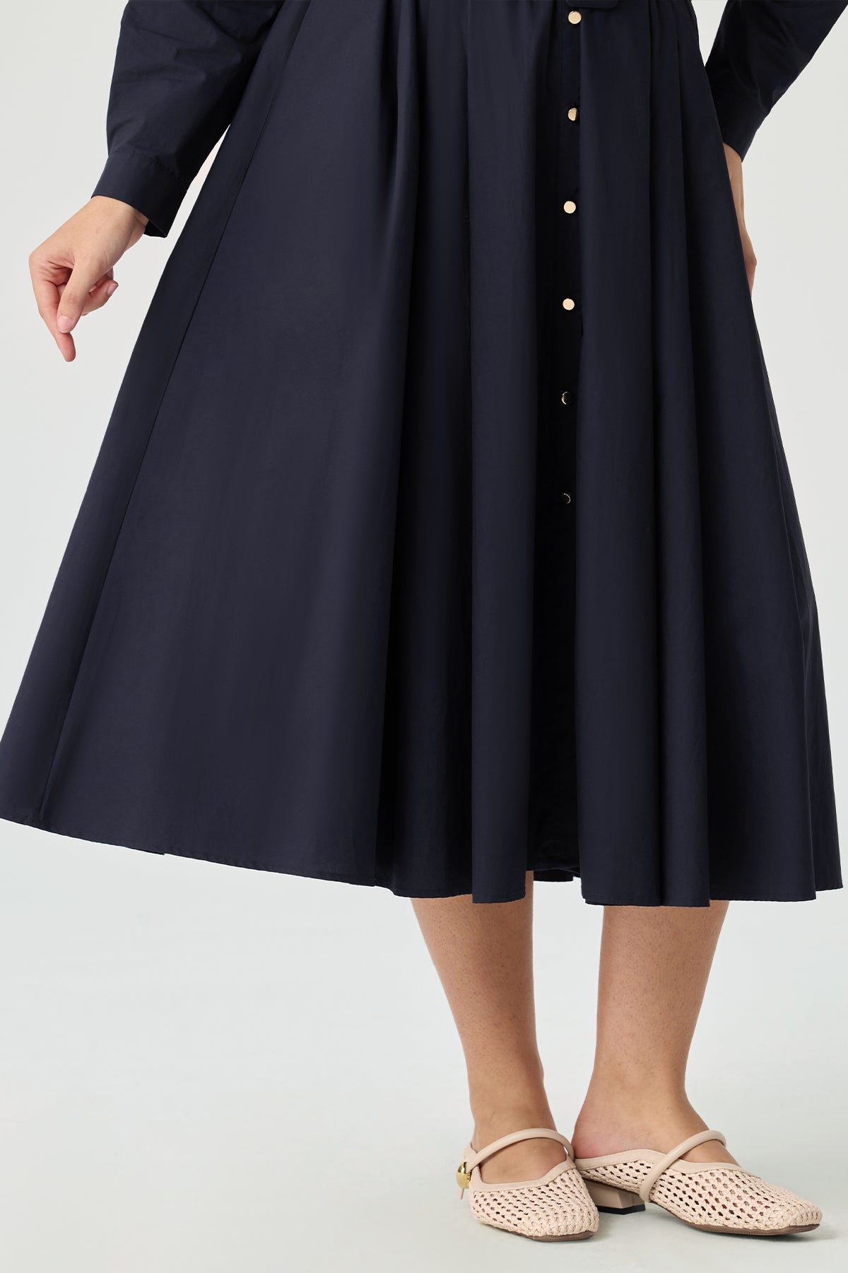 Ritera Pockets Navy Blue Pleated Midi Shirt Dress with Belt