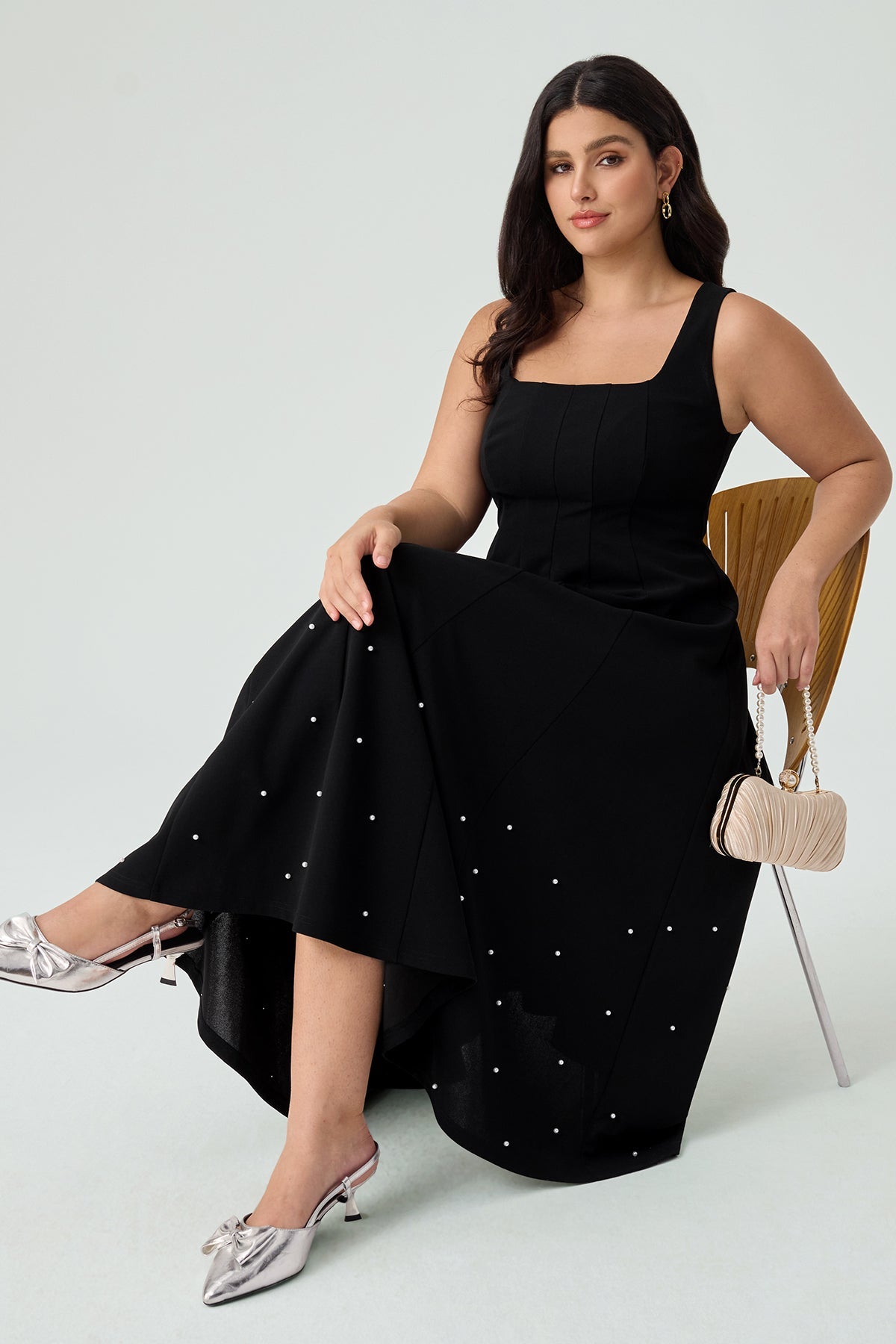 Ritera Black Pearl-Embellished A-Line Midi Dress