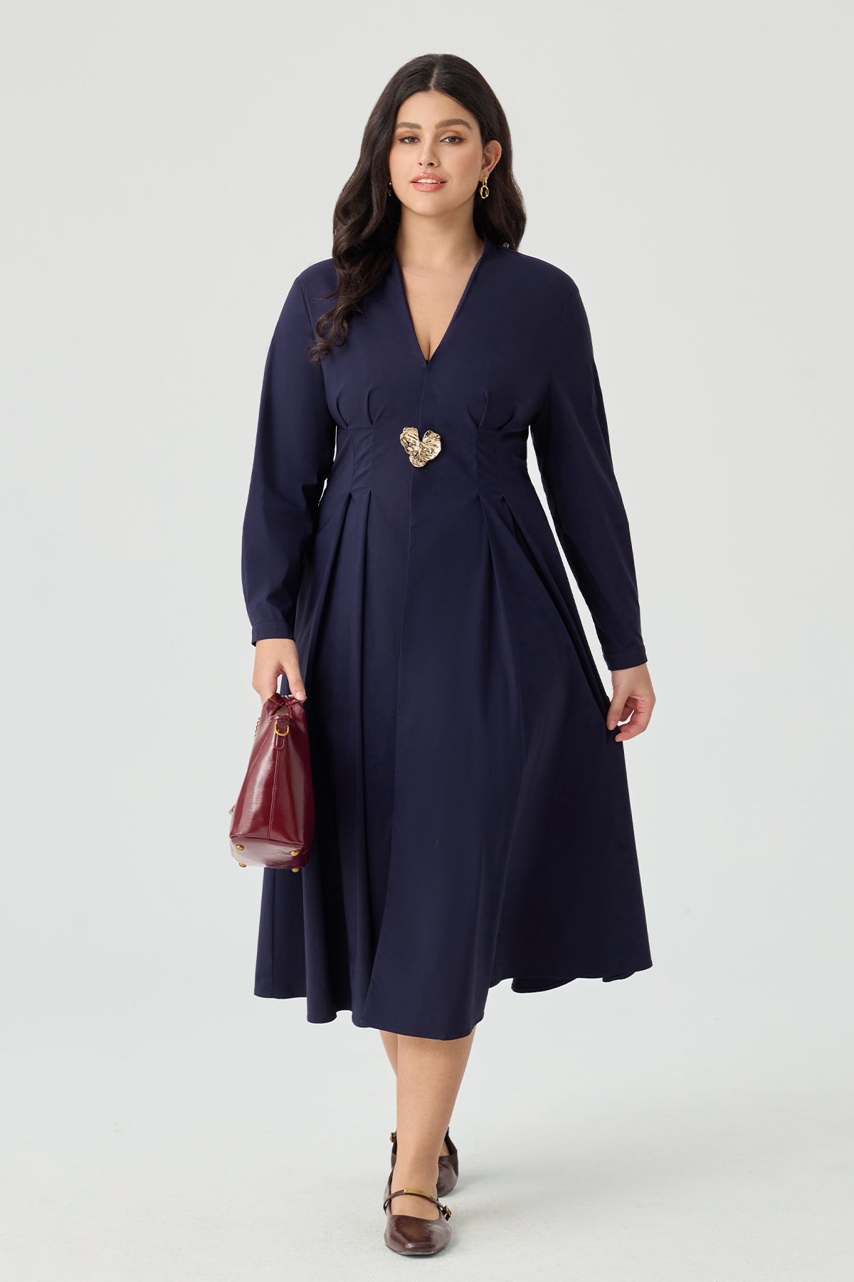 Ritera Elegant V-Neck Pleated A-Line Midi Dress with Heart Brooch