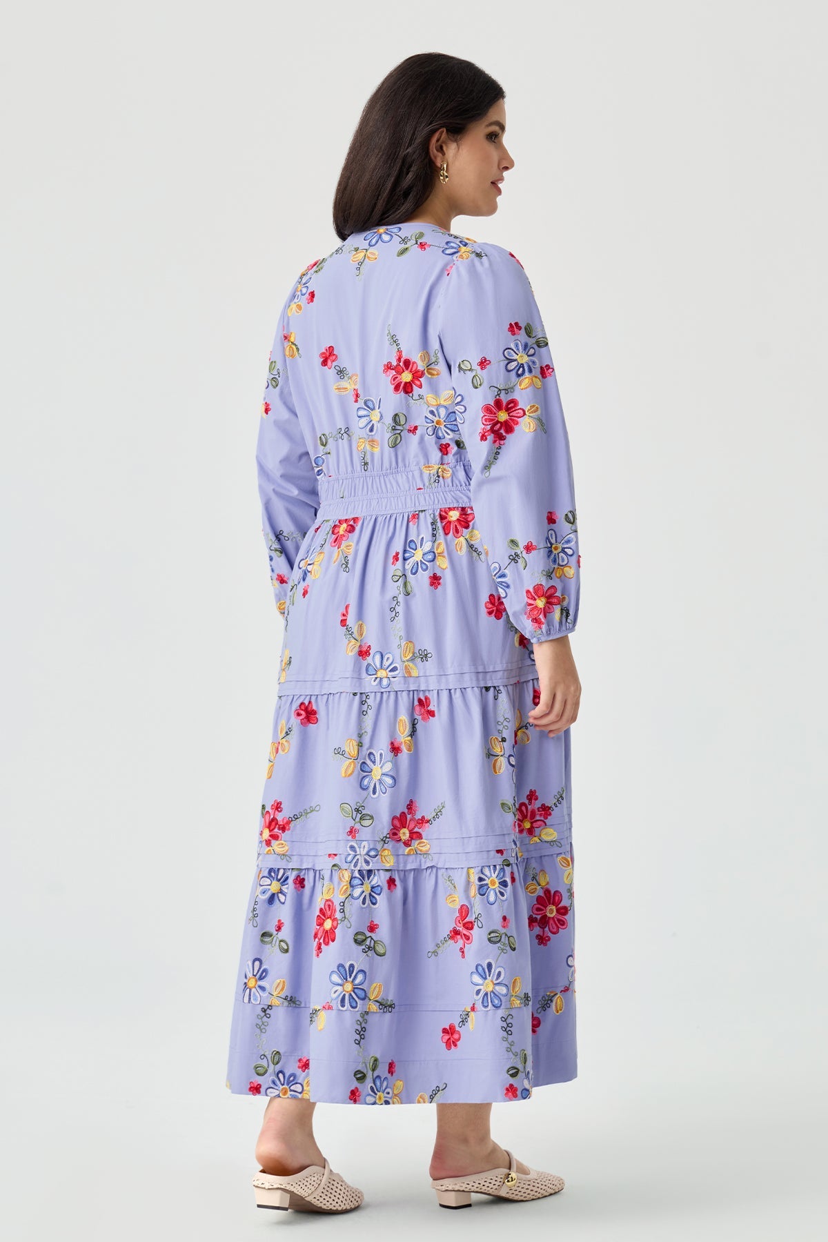 Ritera Pockets Embroidered Floral Smocked Waist Tiered Midi Dress