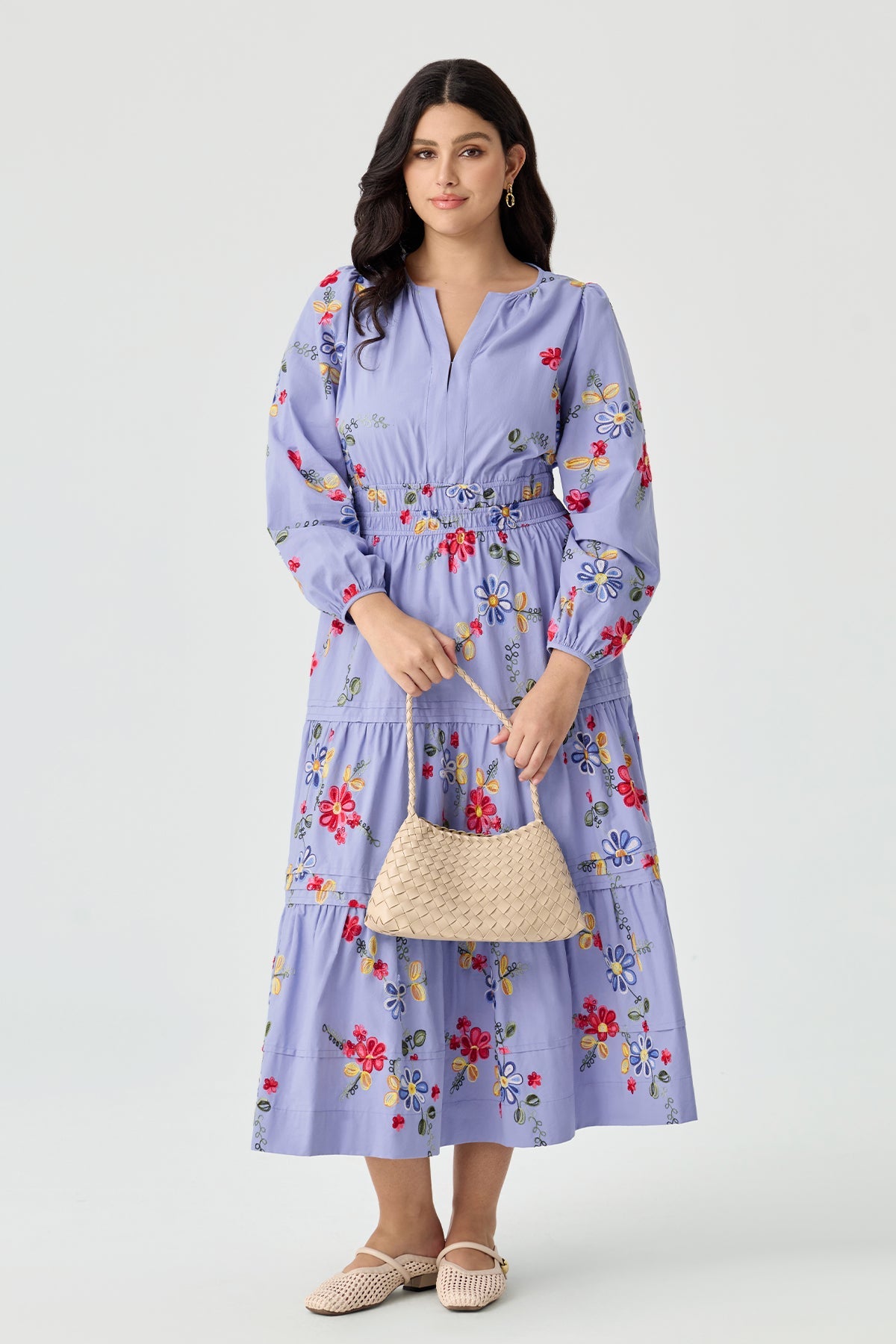 Ritera Pockets Embroidered Floral Smocked Waist Tiered Midi Dress