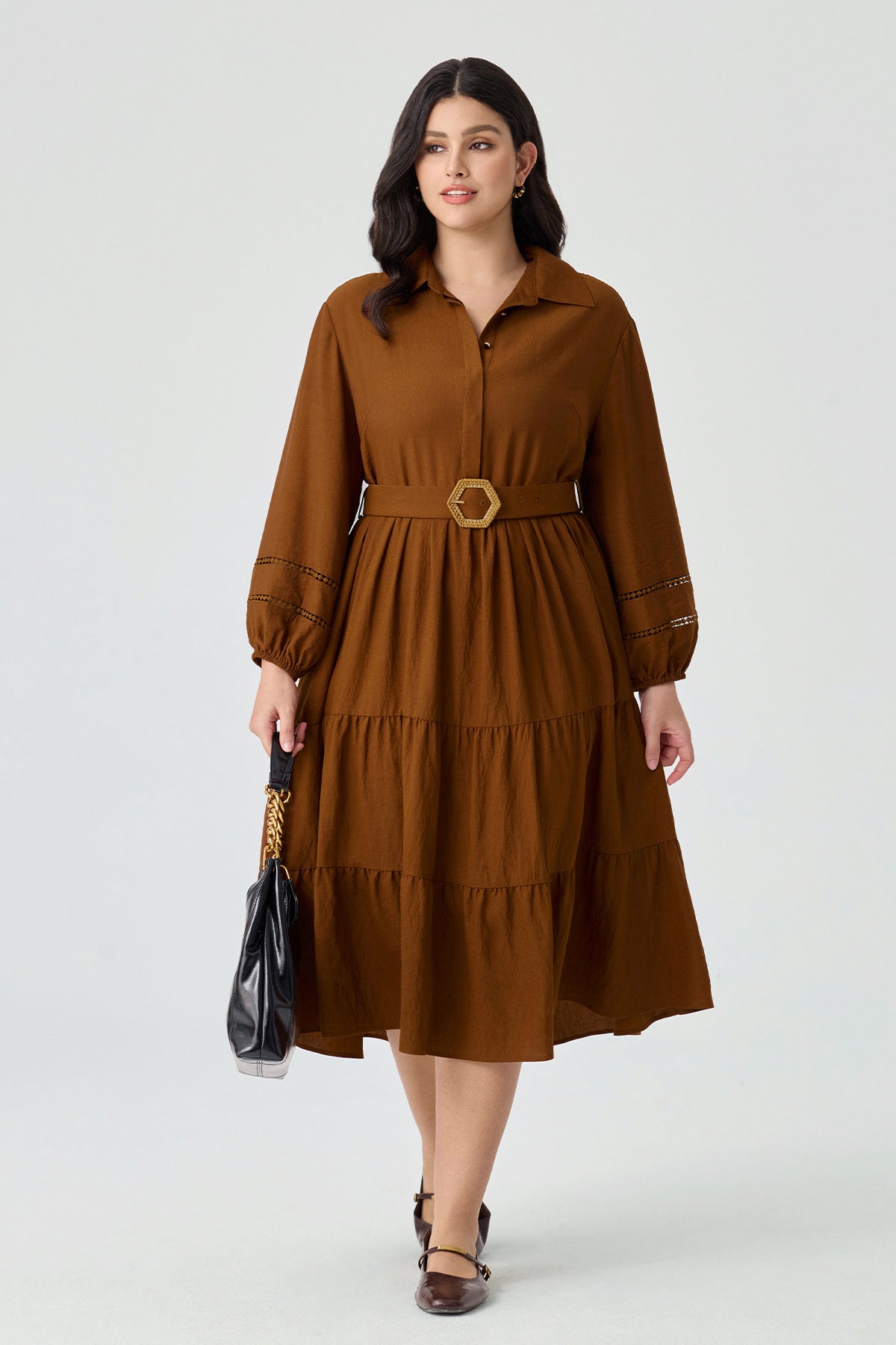 Ritera Pockets Tiered Midi Shirt Dress with Belt