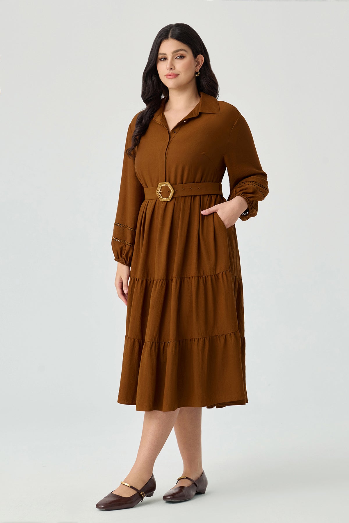 Ritera Pockets Tiered Midi Shirt Dress with Belt
