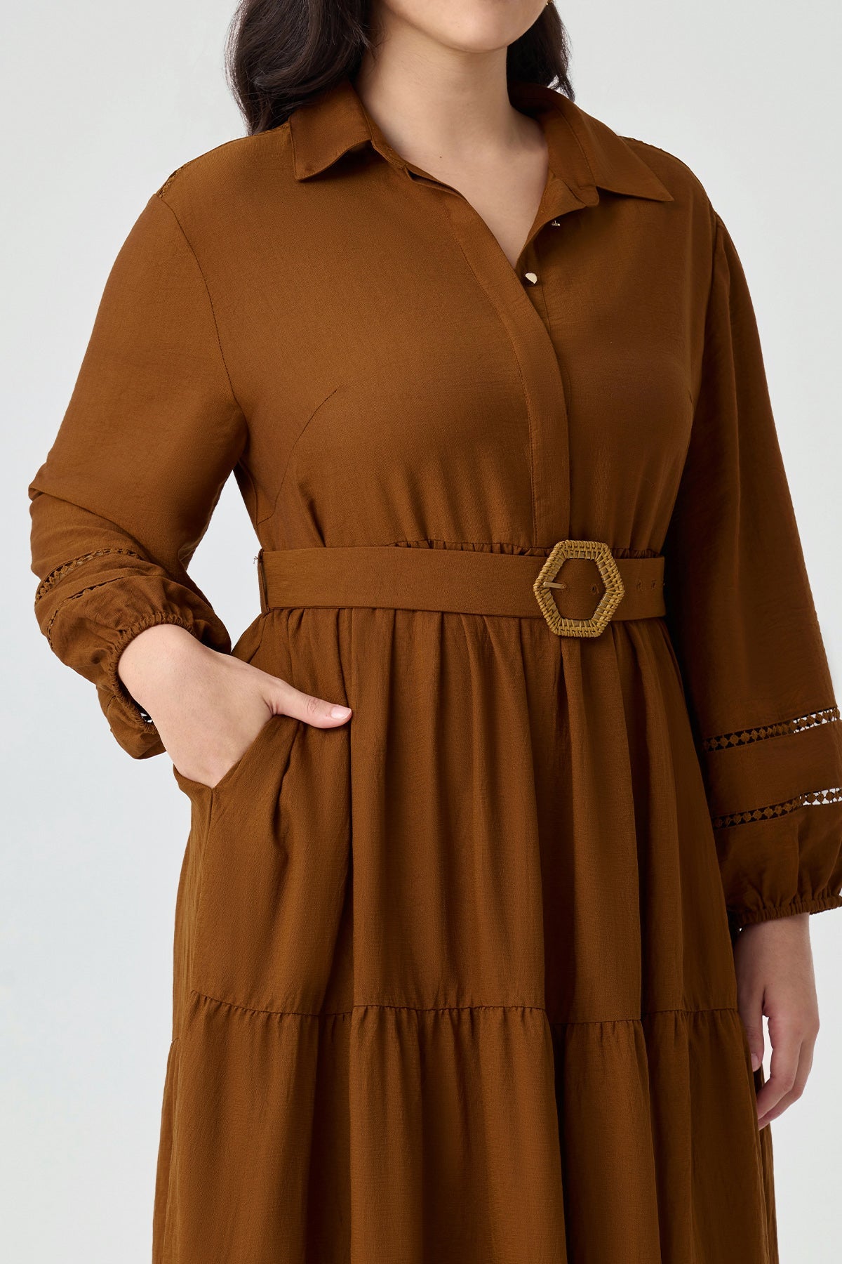 Ritera Pockets Tiered Midi Shirt Dress with Belt