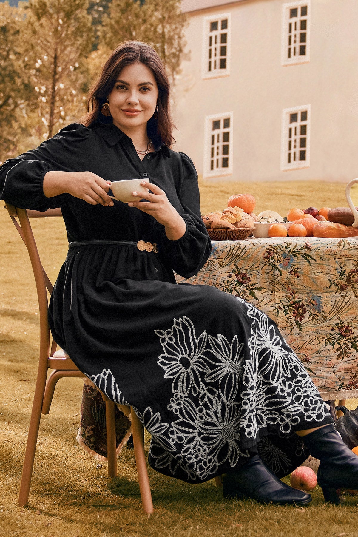 Ritera Pockets Floral Embroidered Midi Shirt Dress with Collar