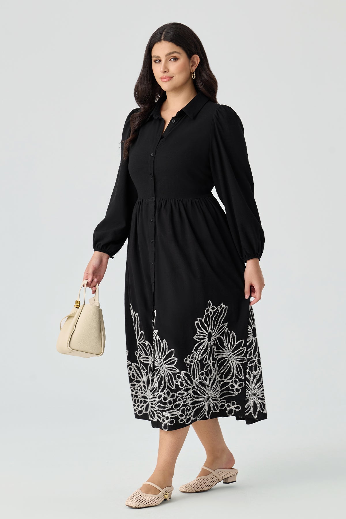 Ritera Pockets Floral Embroidered Midi Shirt Dress with Collar