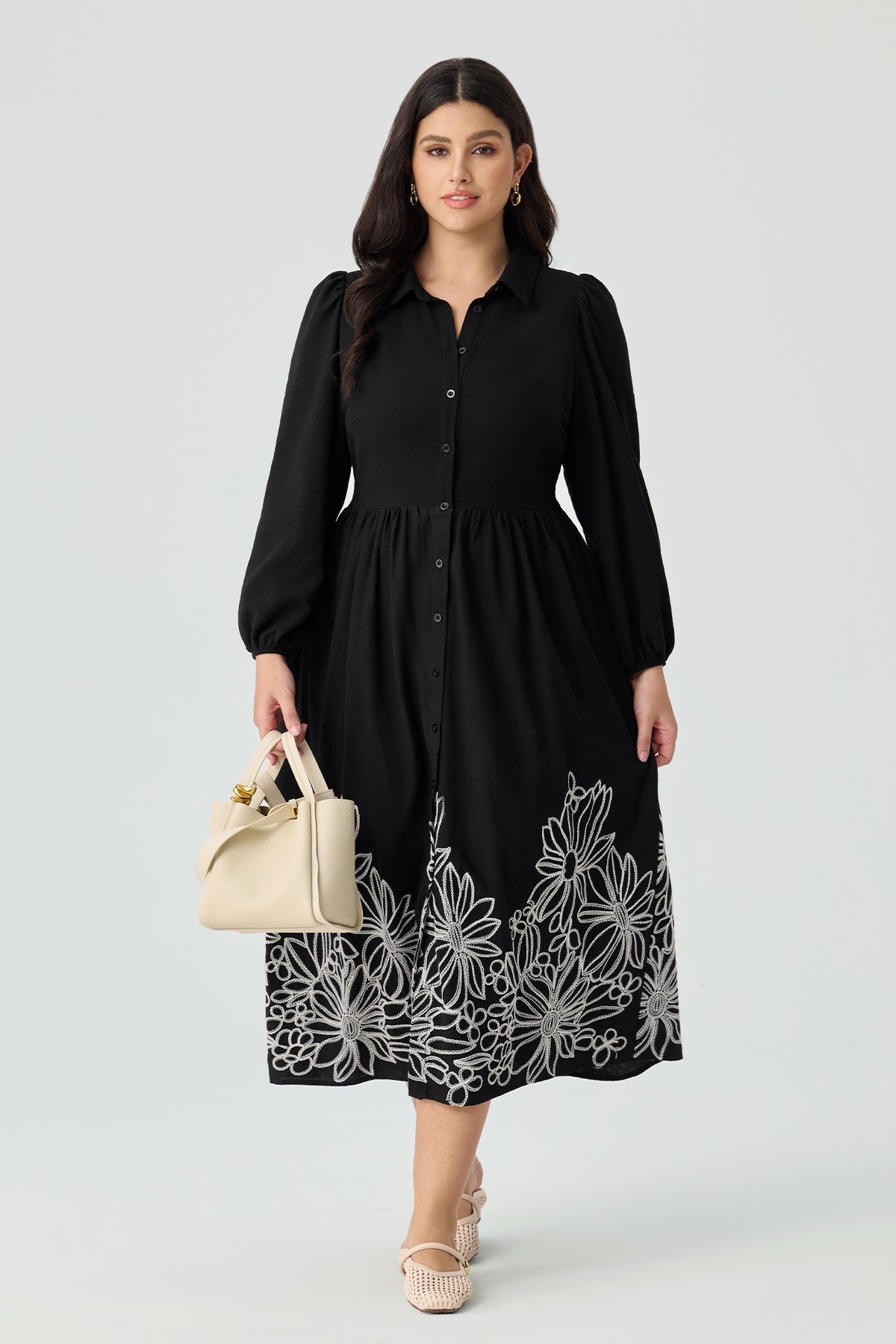 Ritera Pockets Floral Embroidered Midi Shirt Dress with Collar