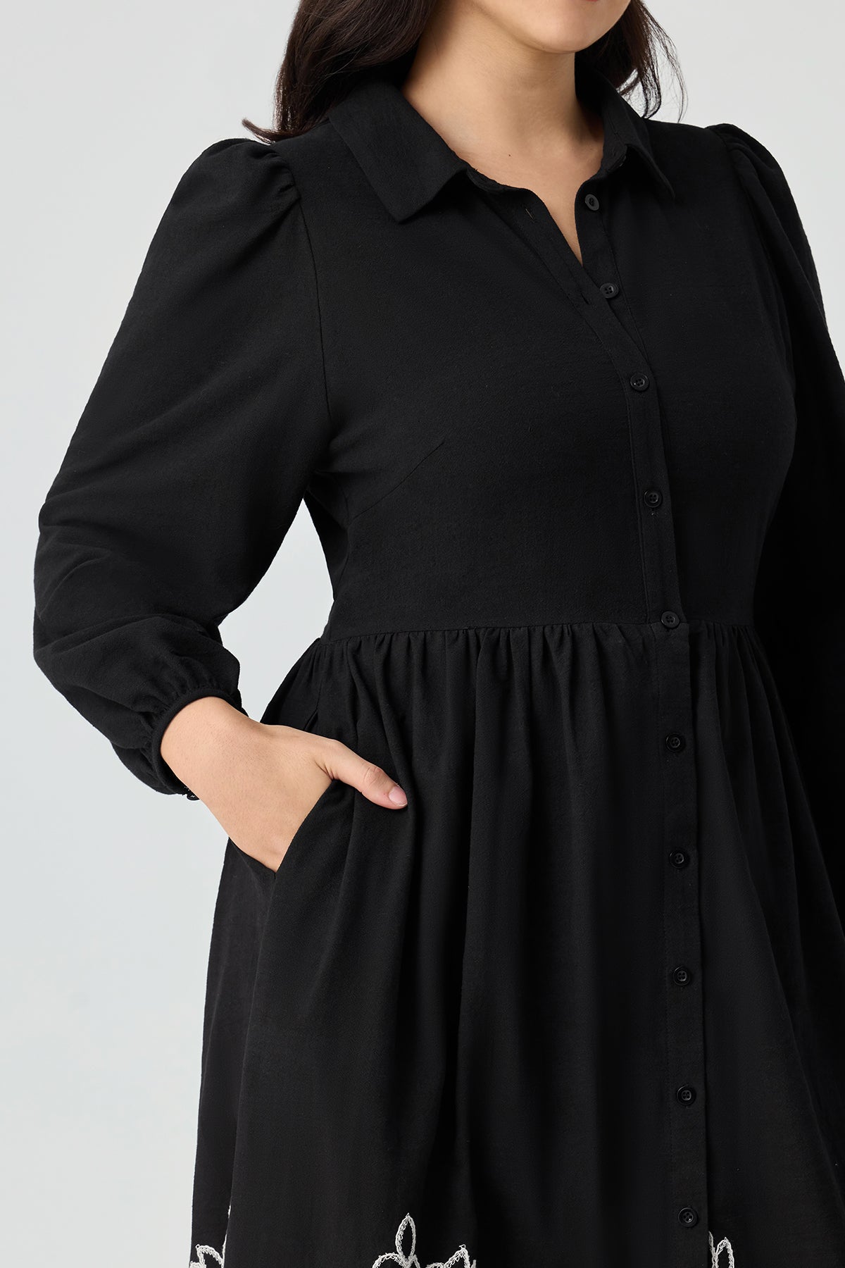 Ritera Pockets Floral Embroidered Midi Shirt Dress with Collar