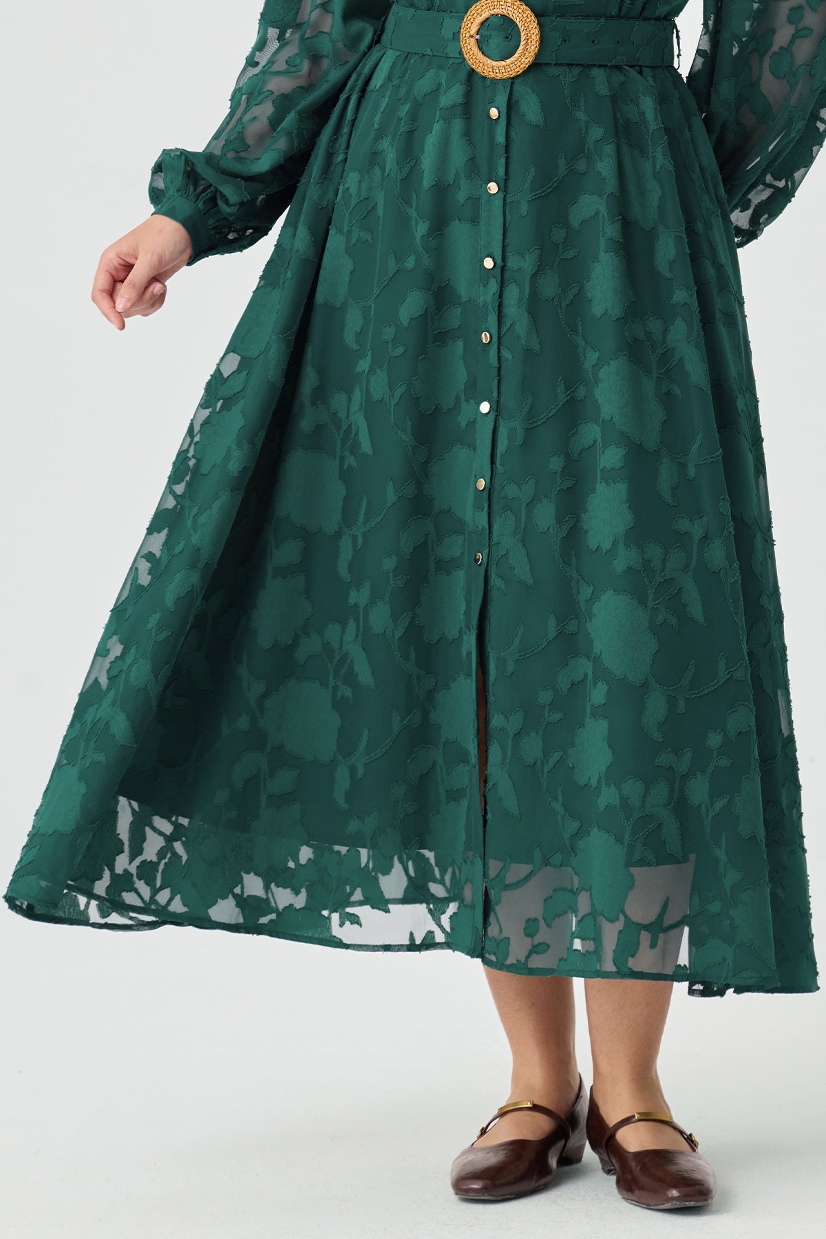 Ritera Pocket Jacquard Midi Shirt Dress with Woven Buckle Belt