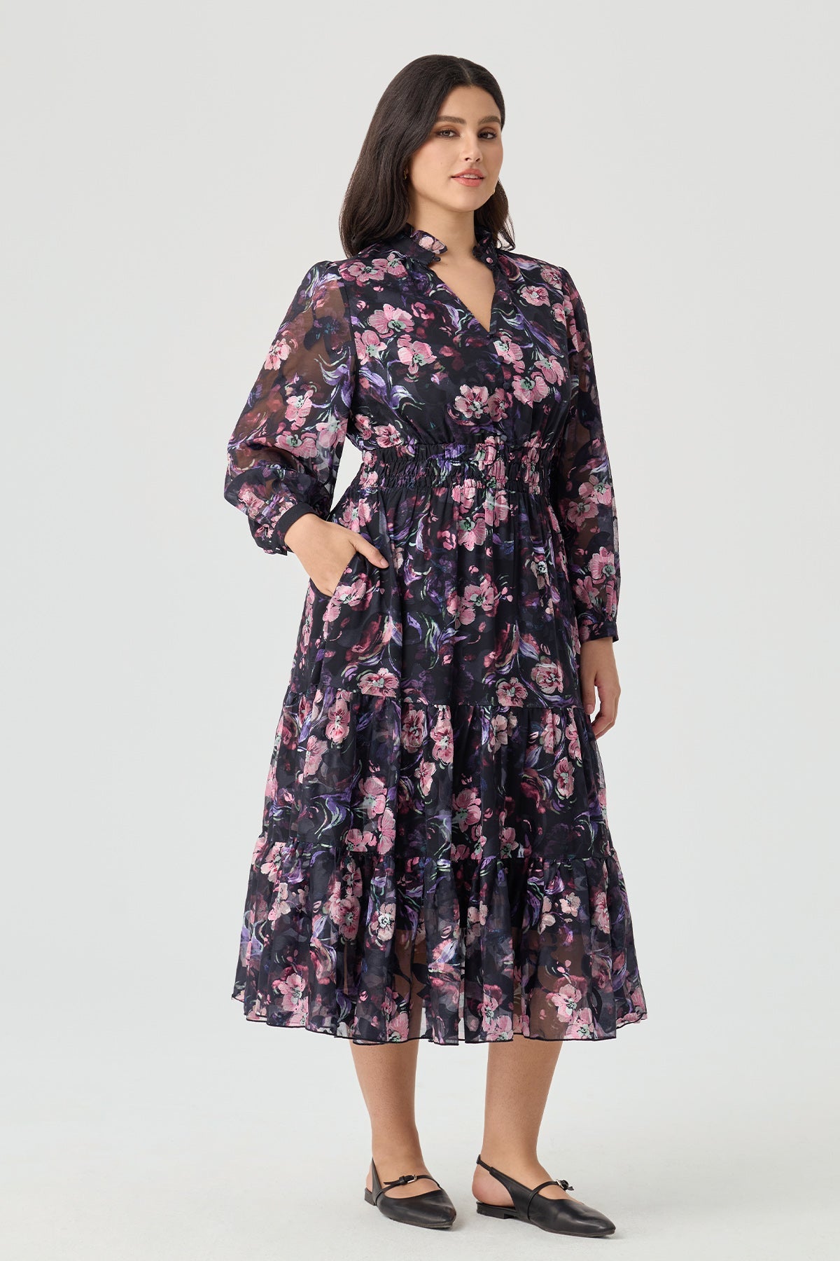 Floral Printed Textured Tiered Midi Dress