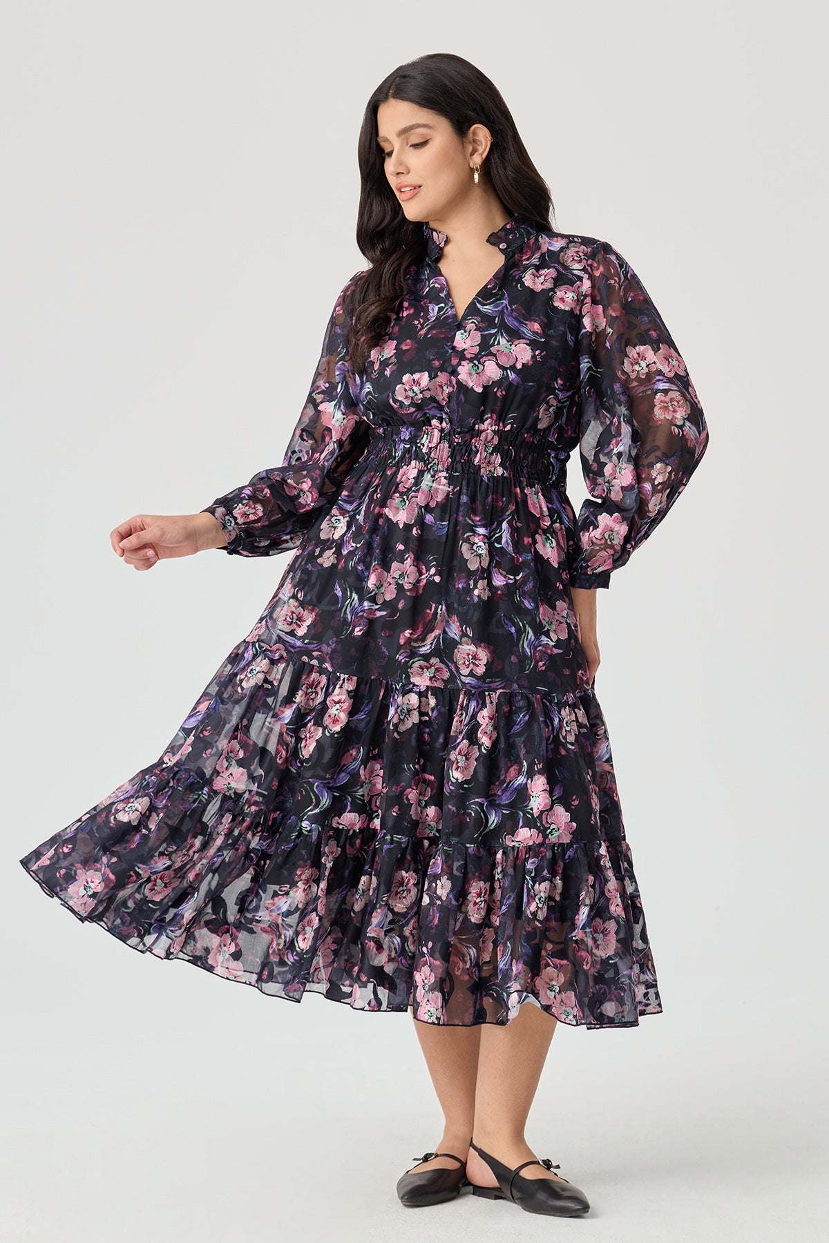 Floral Printed Textured Tiered Midi Dress