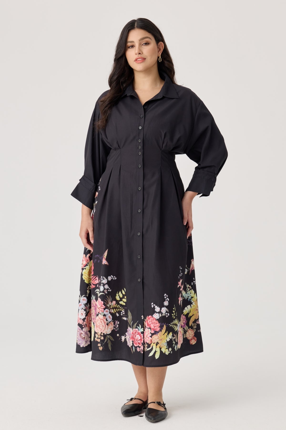 Ritera Pockets Black Botanical Floral Print Midi Shirt Dress