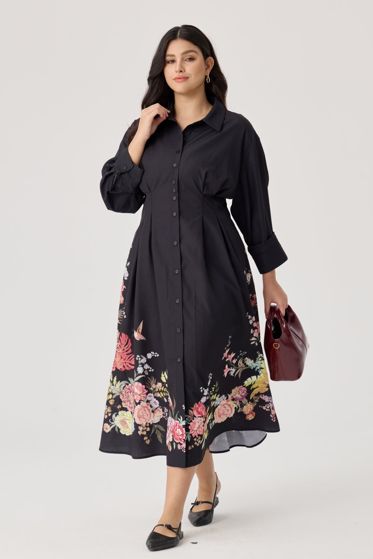 Ritera Pockets Black Botanical Floral Print Midi Shirt Dress