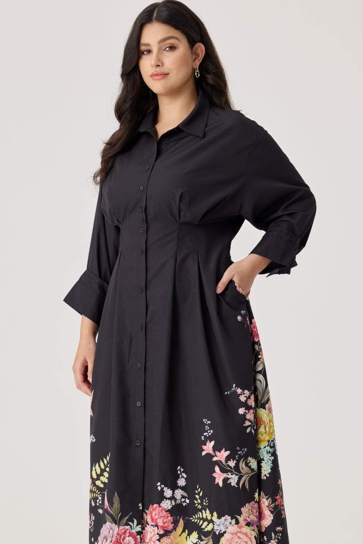 Ritera Pockets Black Botanical Floral Print Midi Shirt Dress