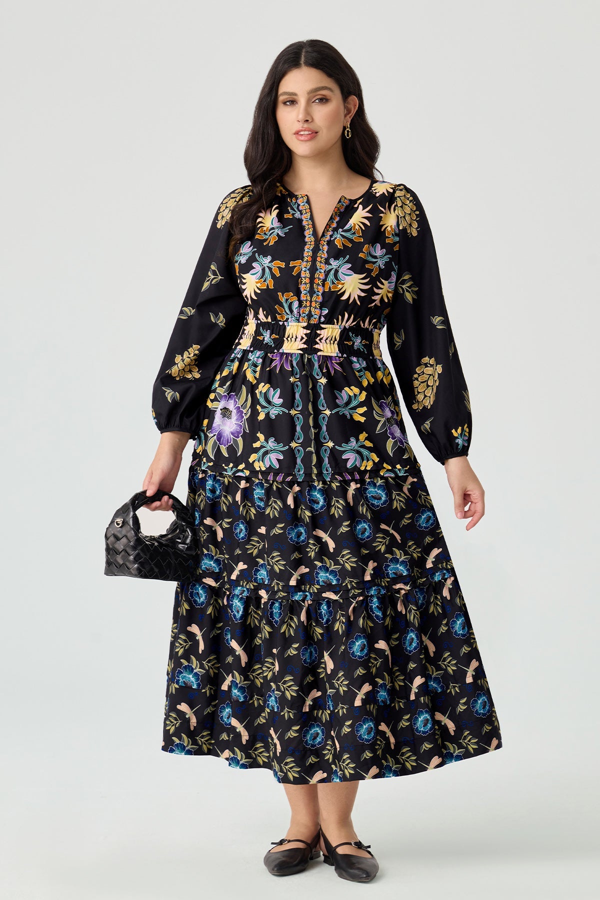 Ritera Pockets Boho Folkloric Floral Print Smocked Waist Midi Dress