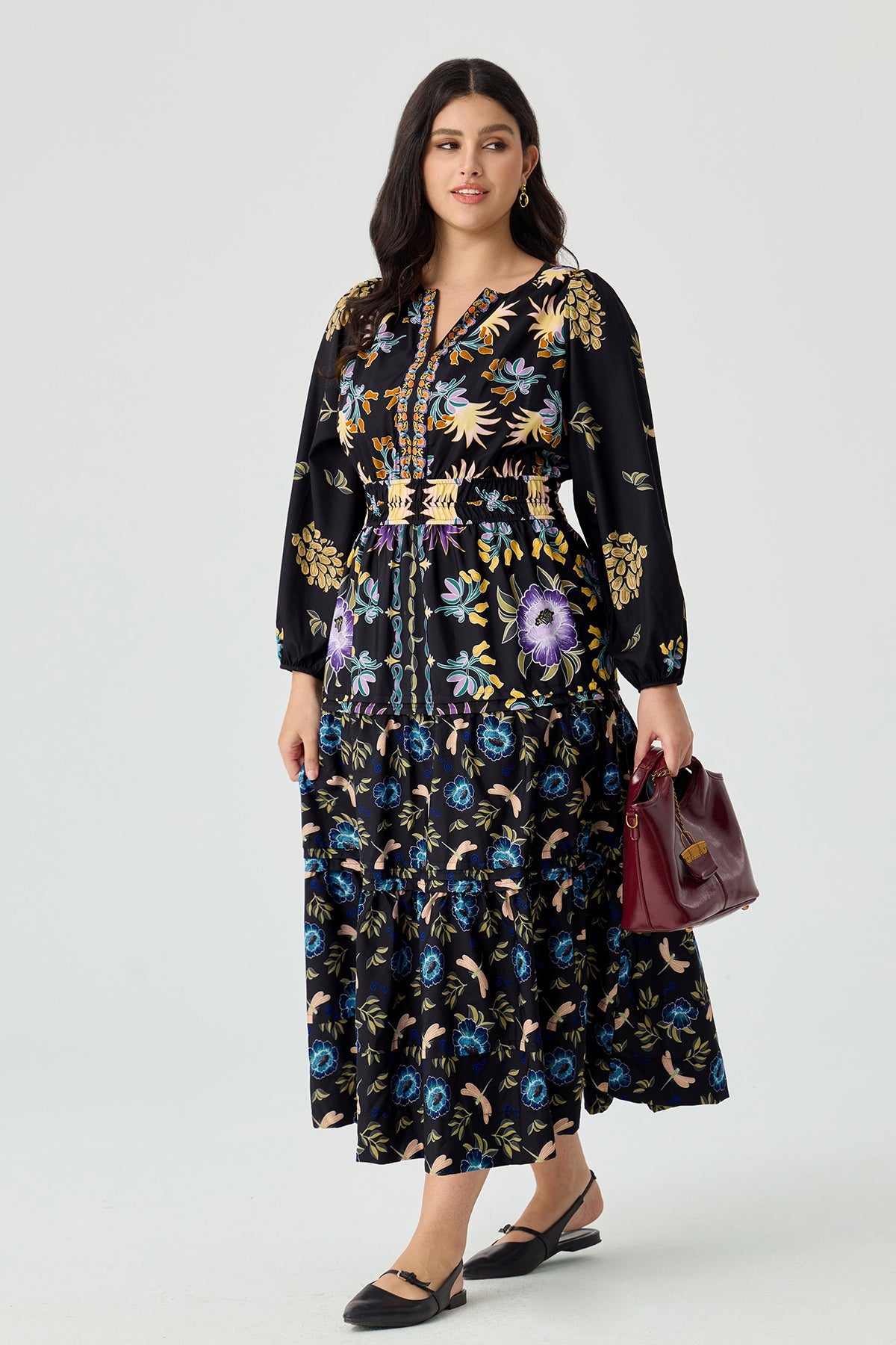 Ritera Pockets Boho Folkloric Floral Print Smocked Waist Midi Dress