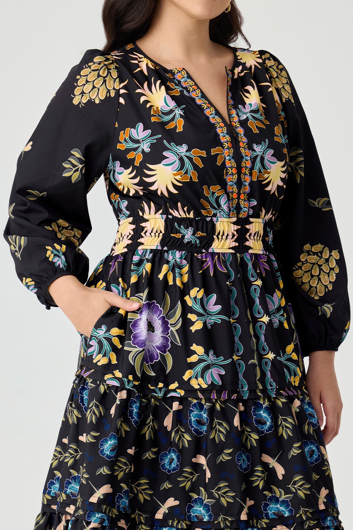 Ritera Pockets Boho Folkloric Floral Print Smocked Waist Midi Dress