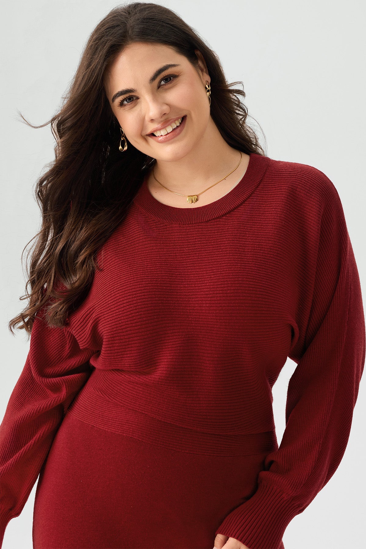 Ribbed Knit Crew Neck Long Sleeve Maxi Dress