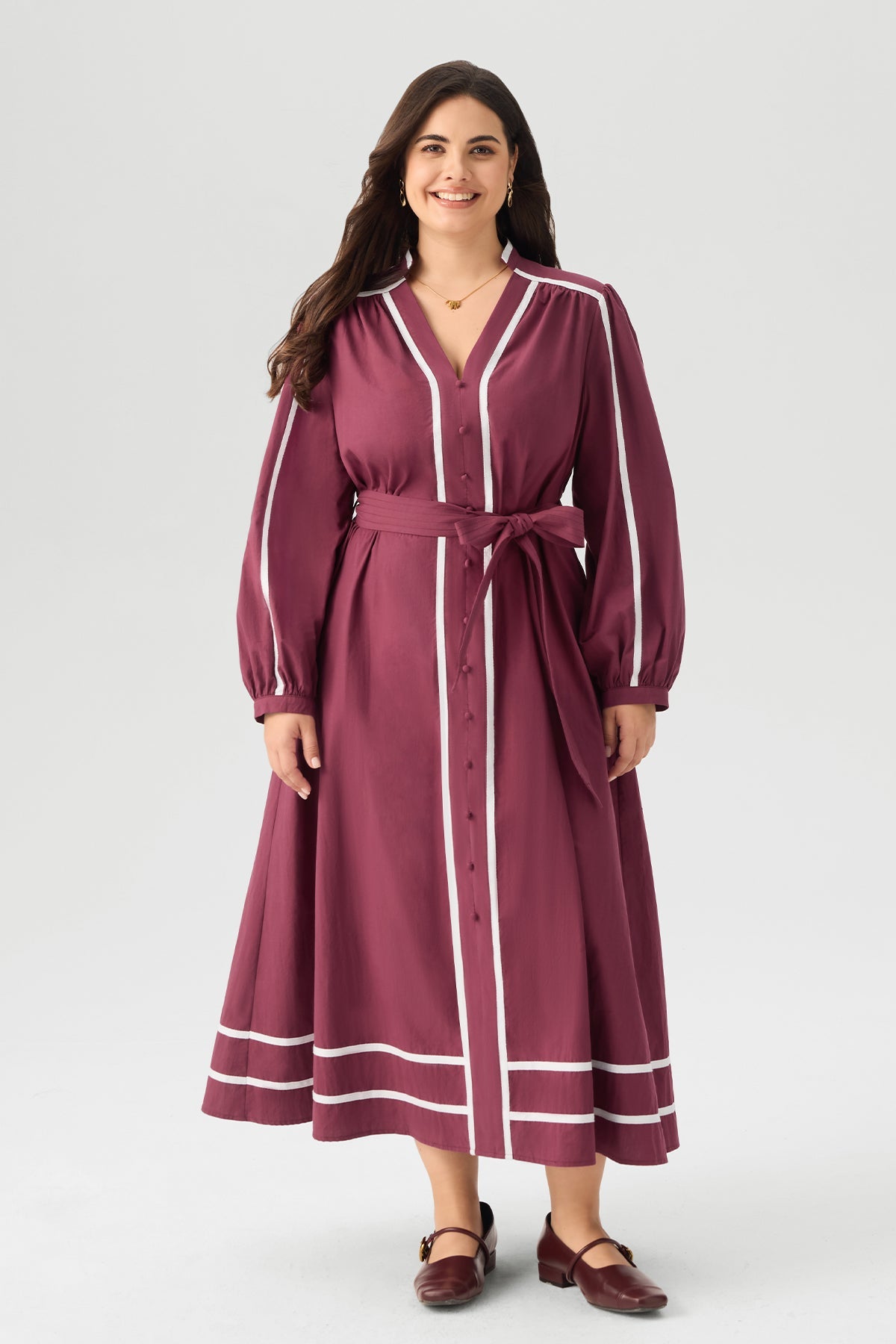 Contrast Trim Cotton Belted Maxi Dress
