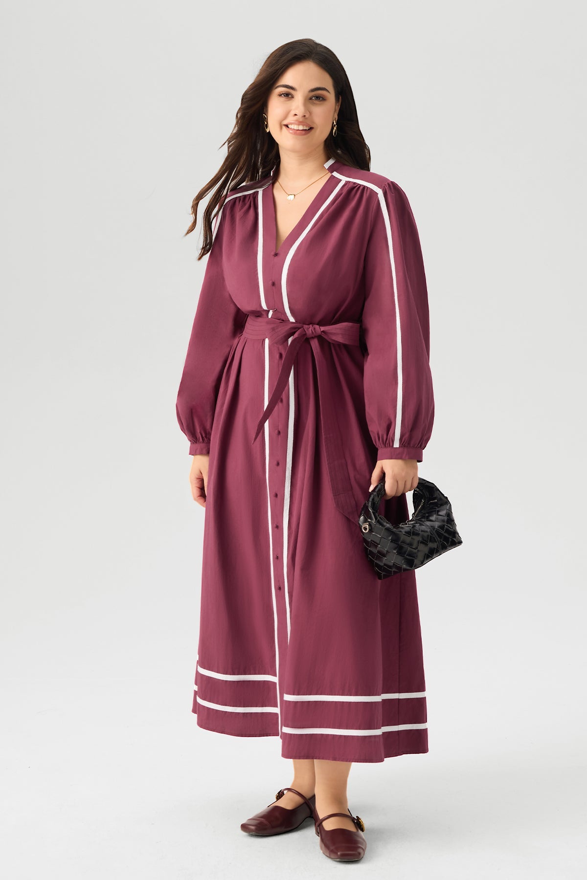 Contrast Trim Cotton Belted Maxi Dress
