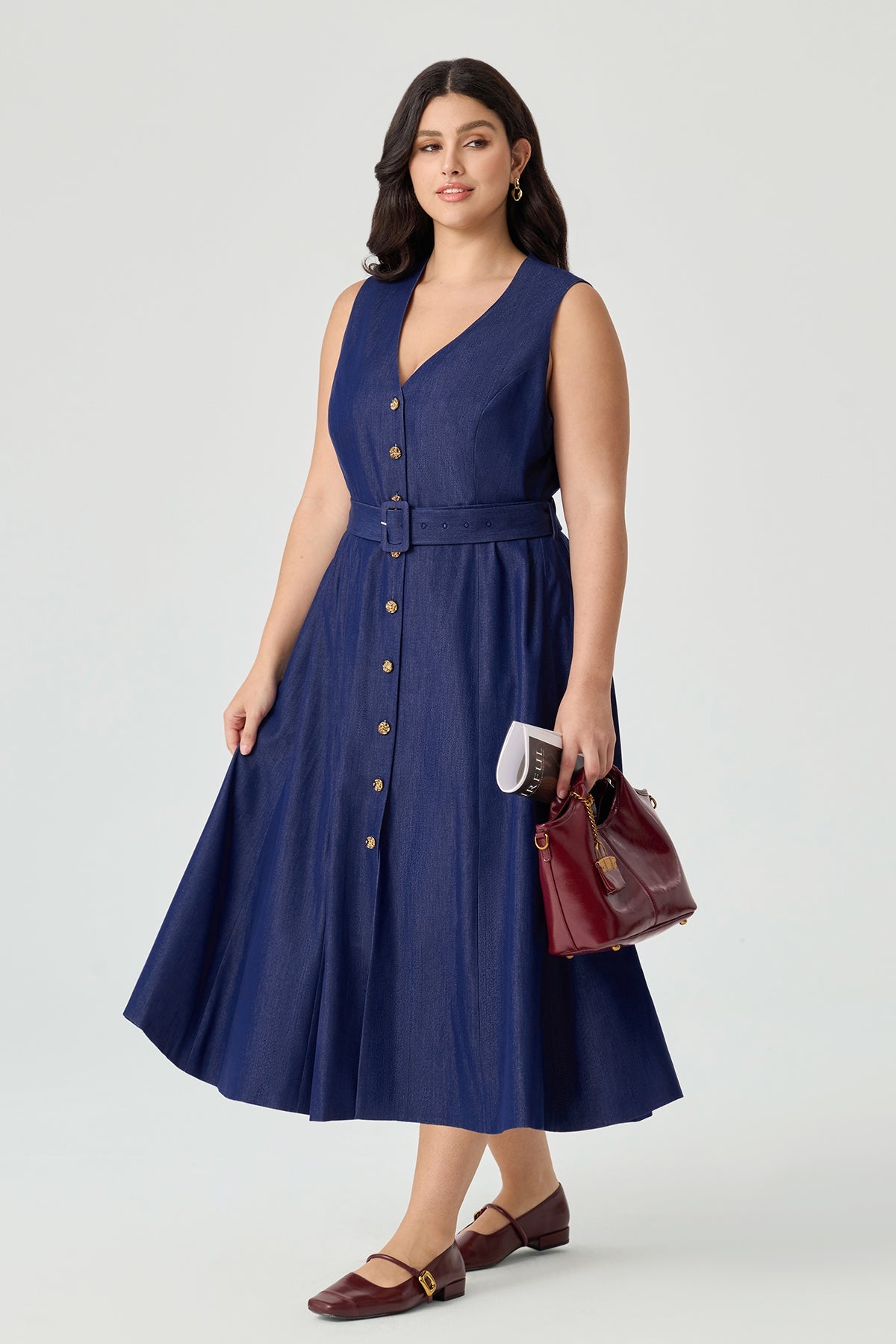 Ritera Pockets Denim A-Line Button-Front Midi Dress with Belt