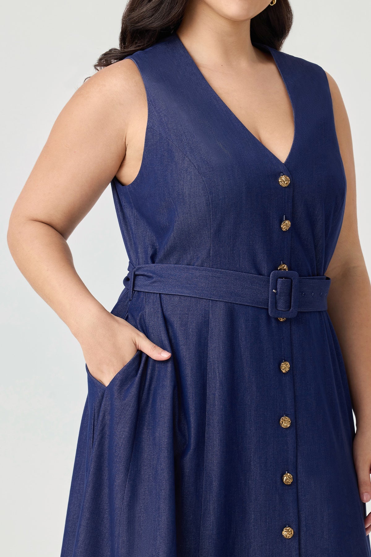 Ritera Pockets Denim A-Line Button-Front Midi Dress with Belt