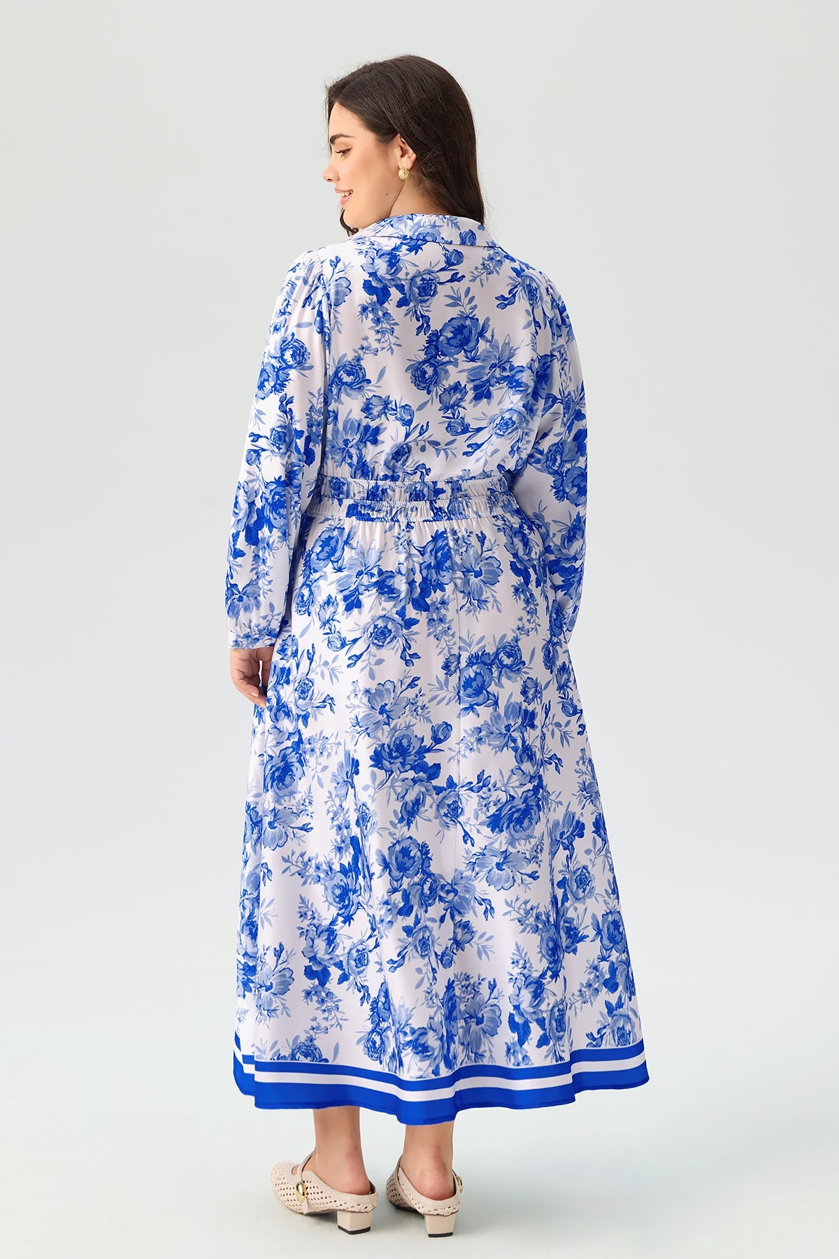 Floral Print Shirt Collar Long Sleeve Maxi Dress