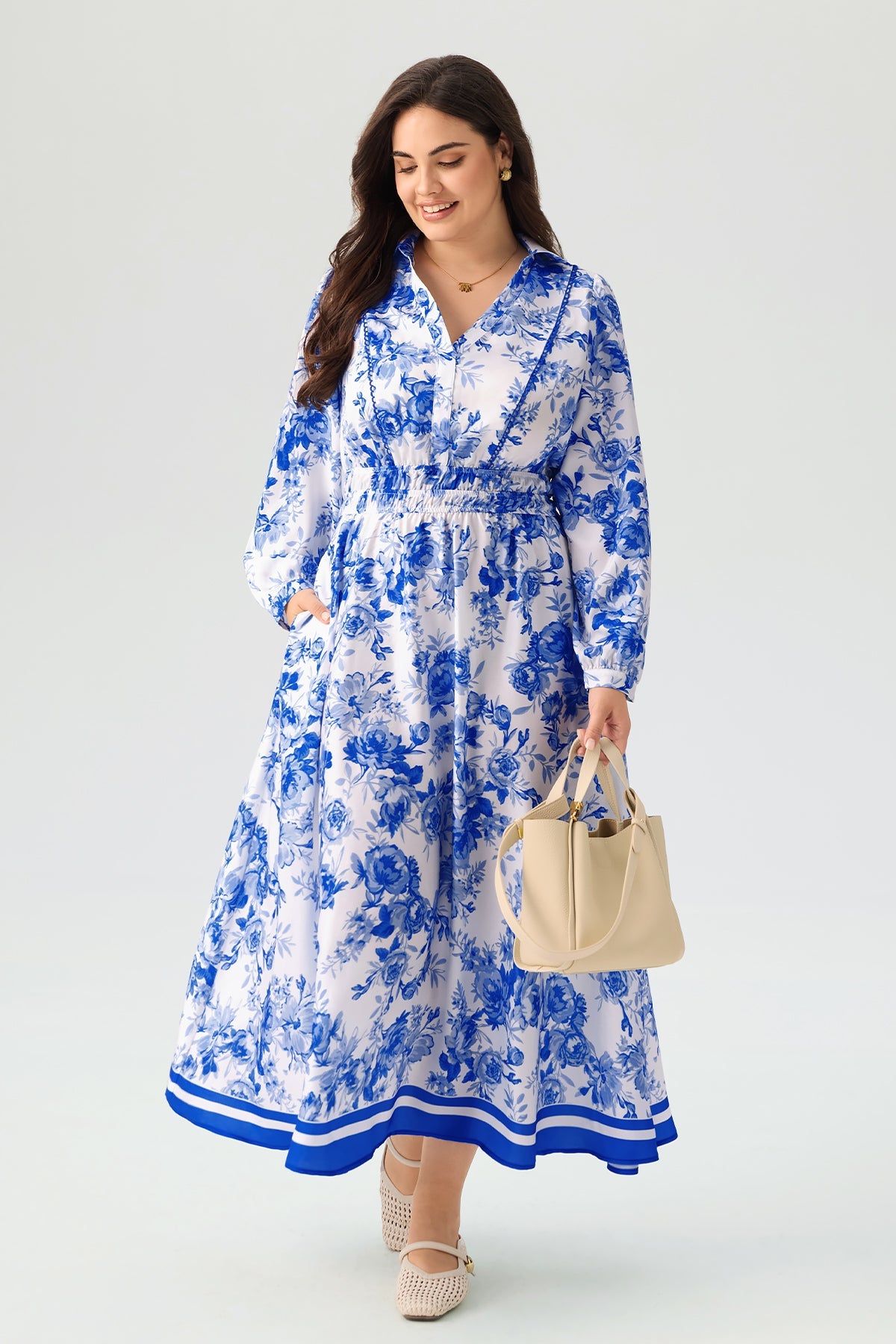 Floral Print Shirt Collar Long Sleeve Maxi Dress