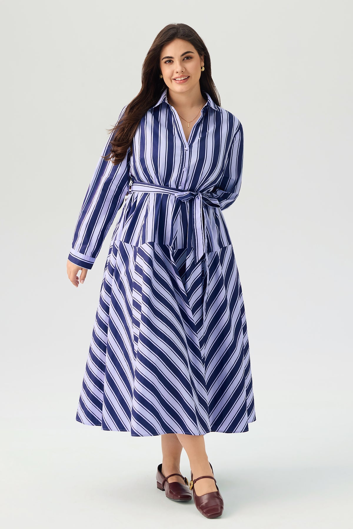 Striped Shirt Collar Long Sleeve Belted Maxi Dress