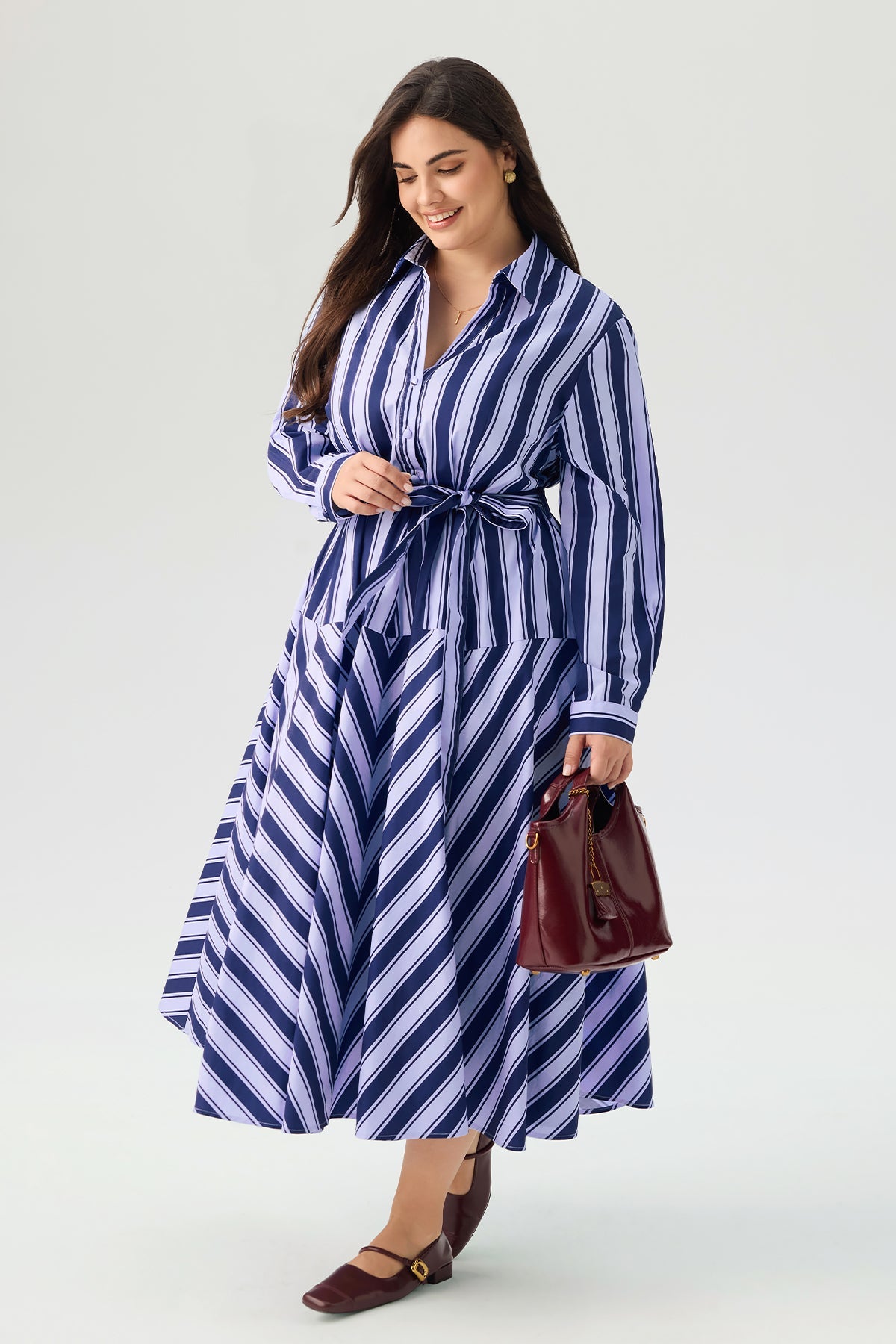 Striped Shirt Collar Long Sleeve Belted Maxi Dress