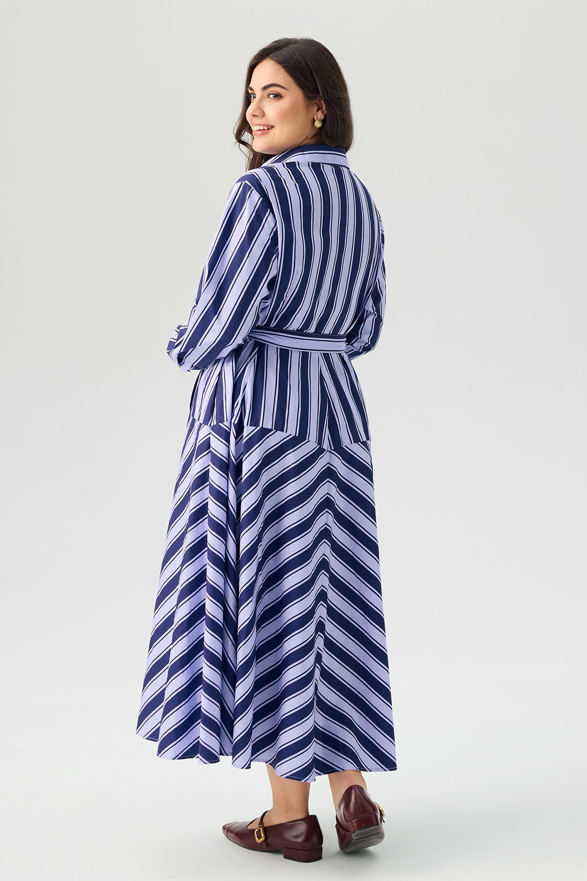 Striped Shirt Collar Long Sleeve Belted Maxi Dress
