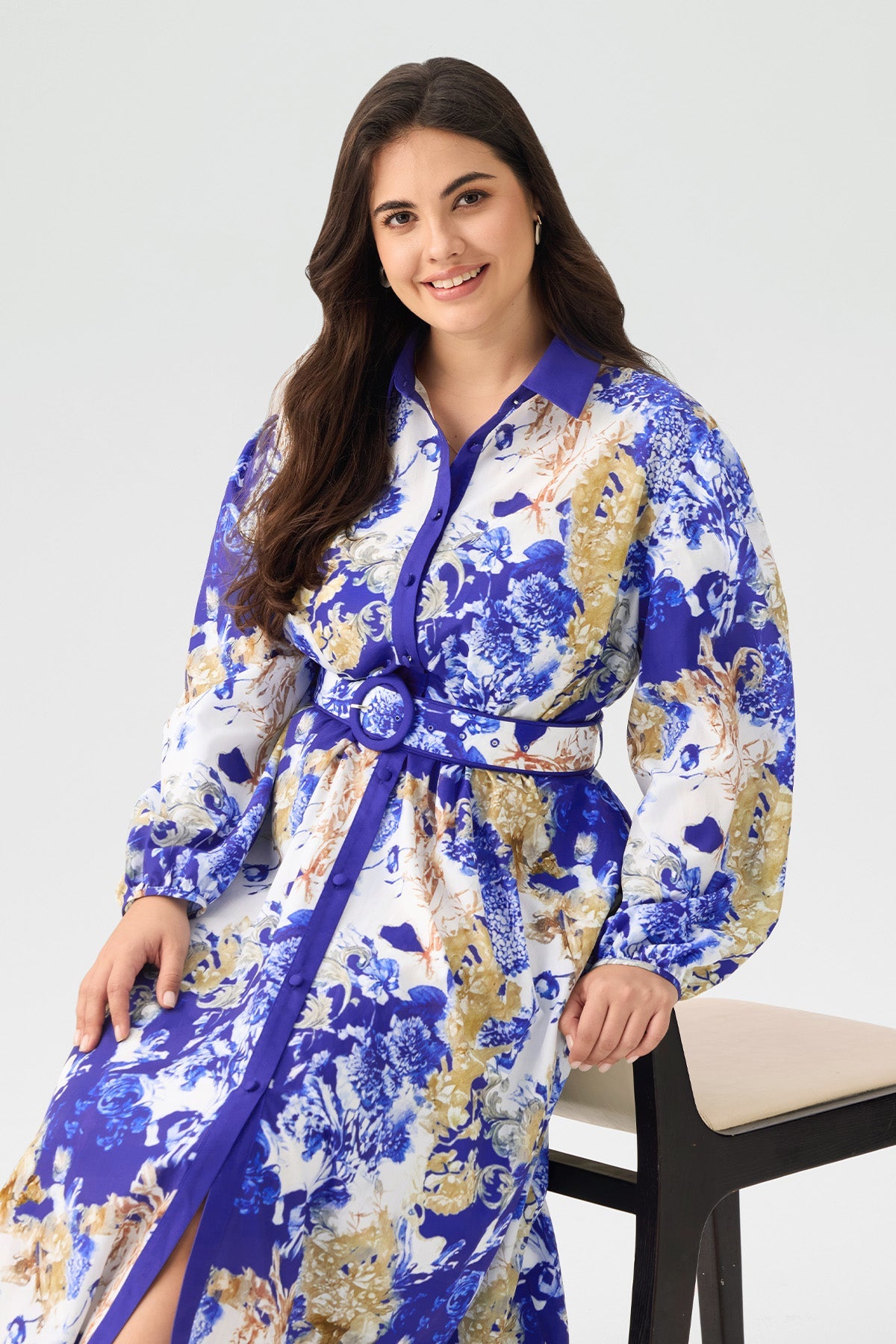 Floral Print Belted Long Sleeves Shirt Midi Dress