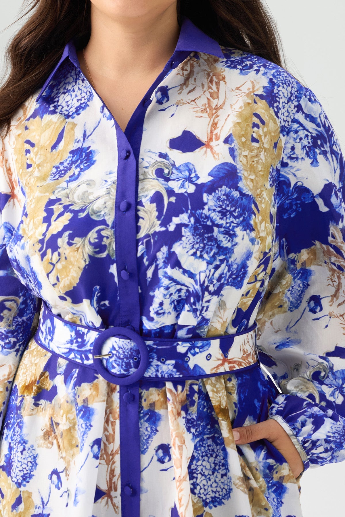 Floral Print Belted Long Sleeves Shirt Midi Dress